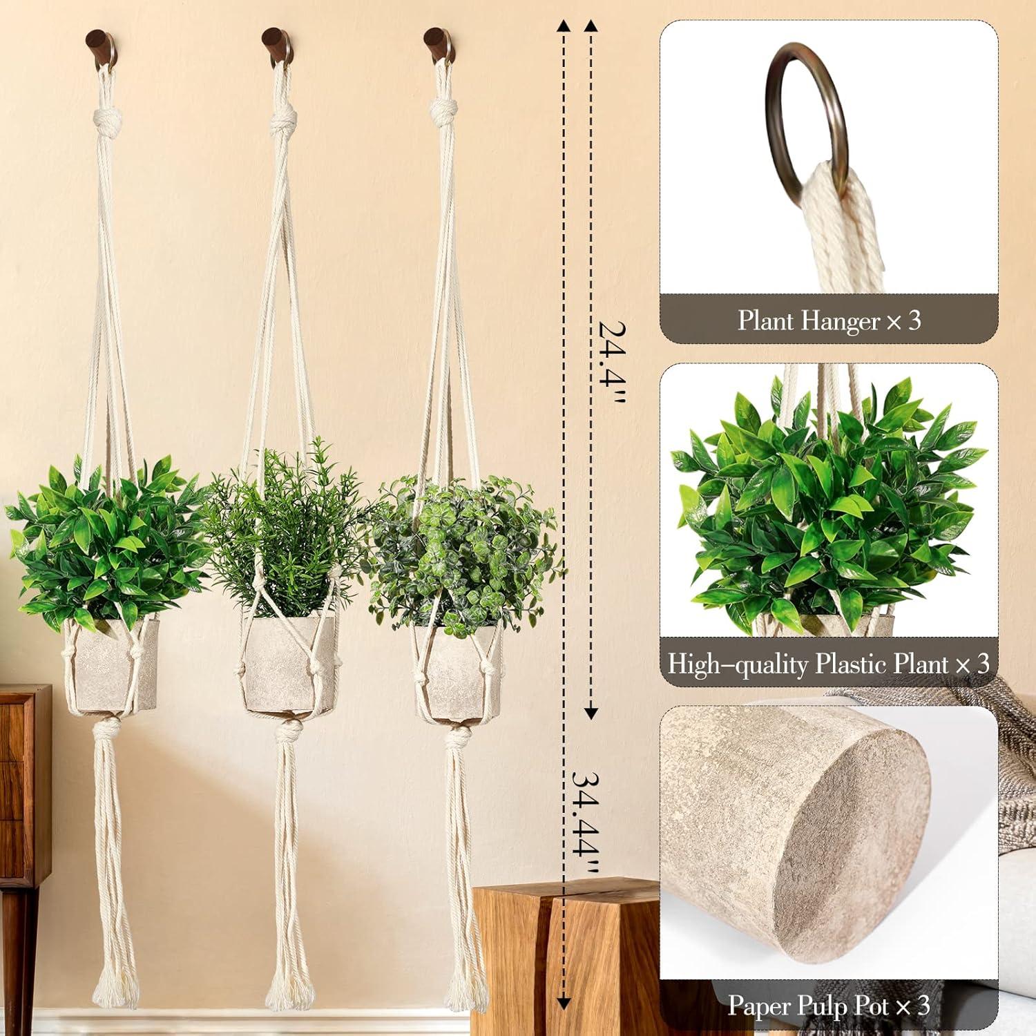 Artificial Plants 3 Pack Mini Fake Hanging with Macrame Plant Hangers Decorative Faux Greenery Decor for Shelves Wall Kitchen Farmhouse Bathroom Home Office