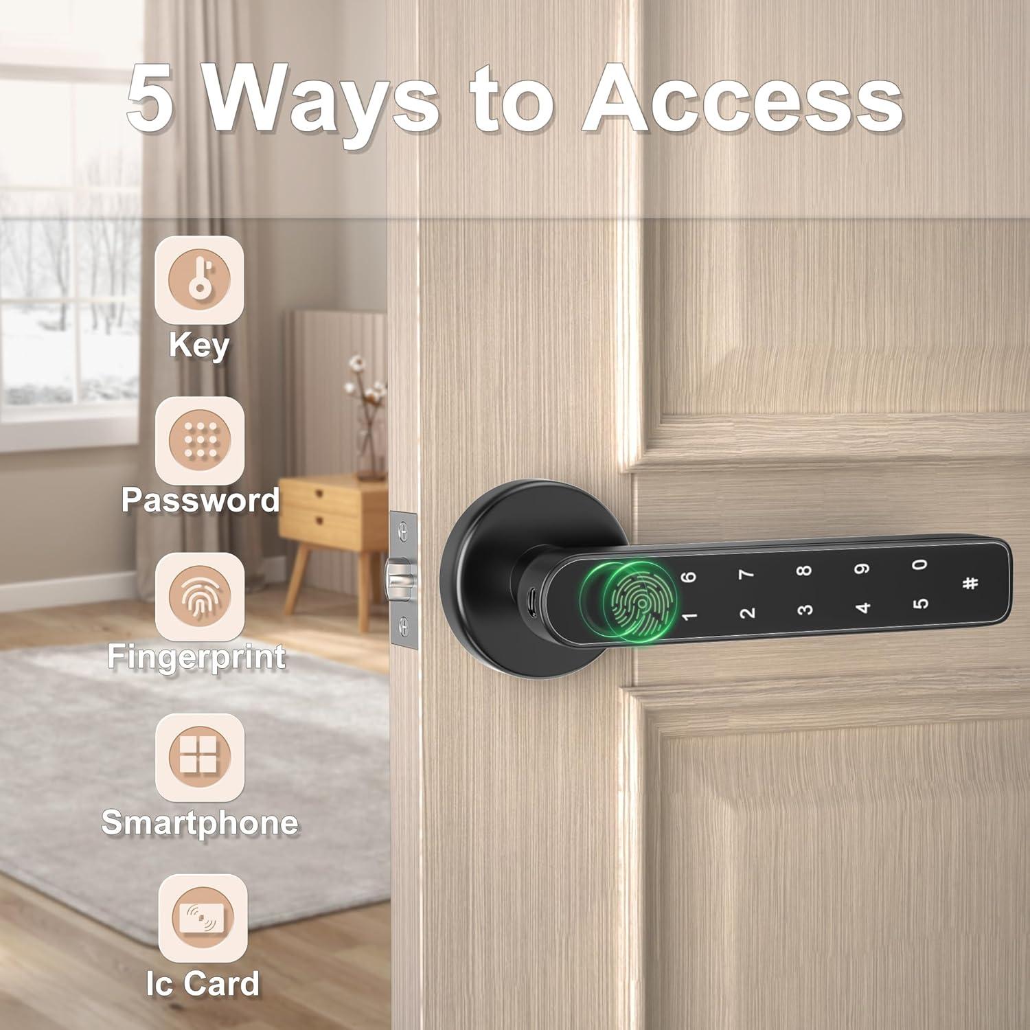 Fingerprint Door Lock- Smart Door knob,biometric Door Lock，with passcode keypad keyless Entry Door Handle，for Bedroom Home Hotel Office Apartment (Black with APP)