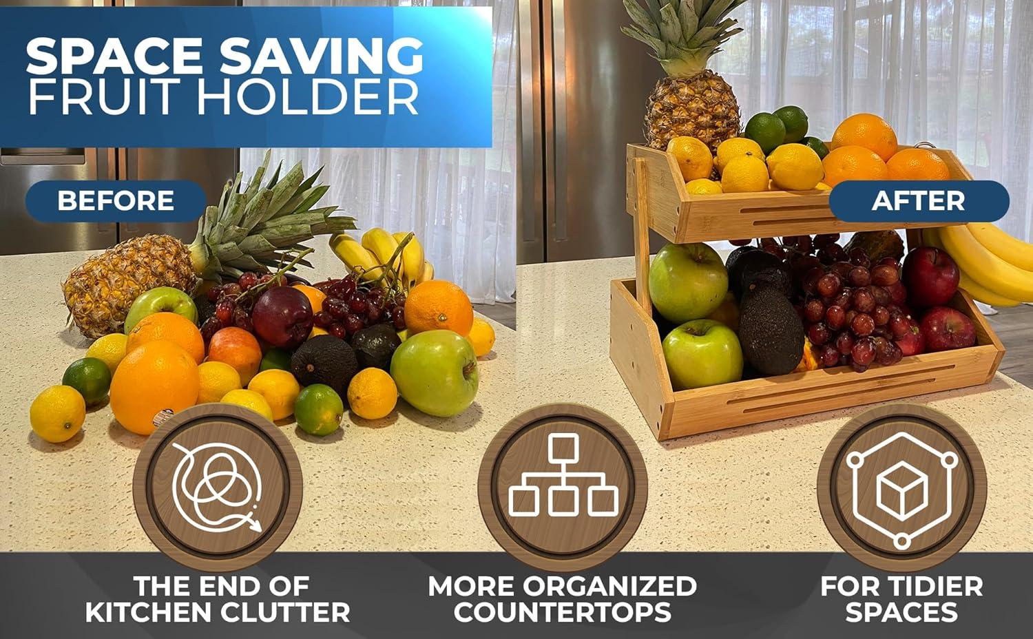 Foundry Select Fruit Basket W/Banana Hanger, 2-Tier Bamboo Fruit & Vegetable Storage Organizer For Kitchen Counter, Lightweight & Easy Assembly Countertop Fruit Stand Holder Bowl