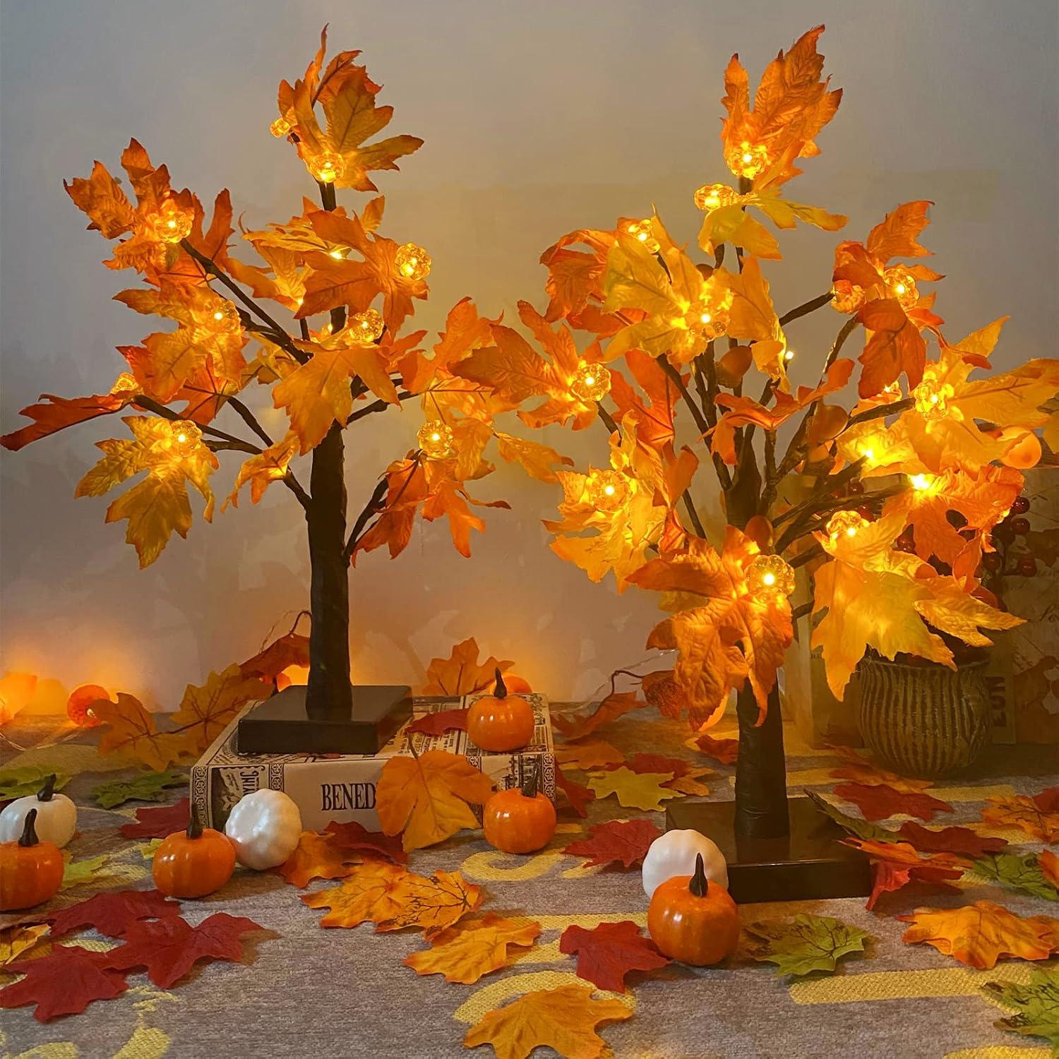 2 Pack 18 Inch Prelit Fall Maple Tree with 48 LEDs Timer Battery Operated Lighted Pumpkins 6 Acorns Tabletop Artificial Autumn Fall Home Indoor