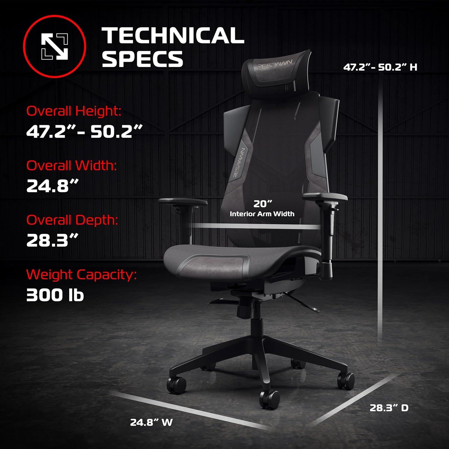 Respawn RESPAWN FLEXX Mesh Gaming Chair With Lumbar Support, Ergonomic Gaming Chair with Recline/Tilt Tension Controls, Adjustable Arms, 300lb Max Weight With Wheels for Computer/Desk/Office