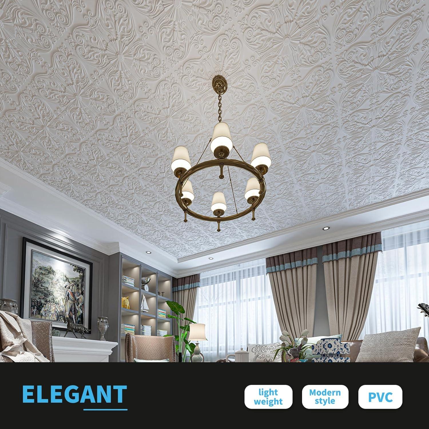 Art3d Art3d Decorative Ceiling Tile 2x2 Glue up, Lay in Ceiling Tile 24x24 Pack of 12pcs Spanish Floral in Matt White