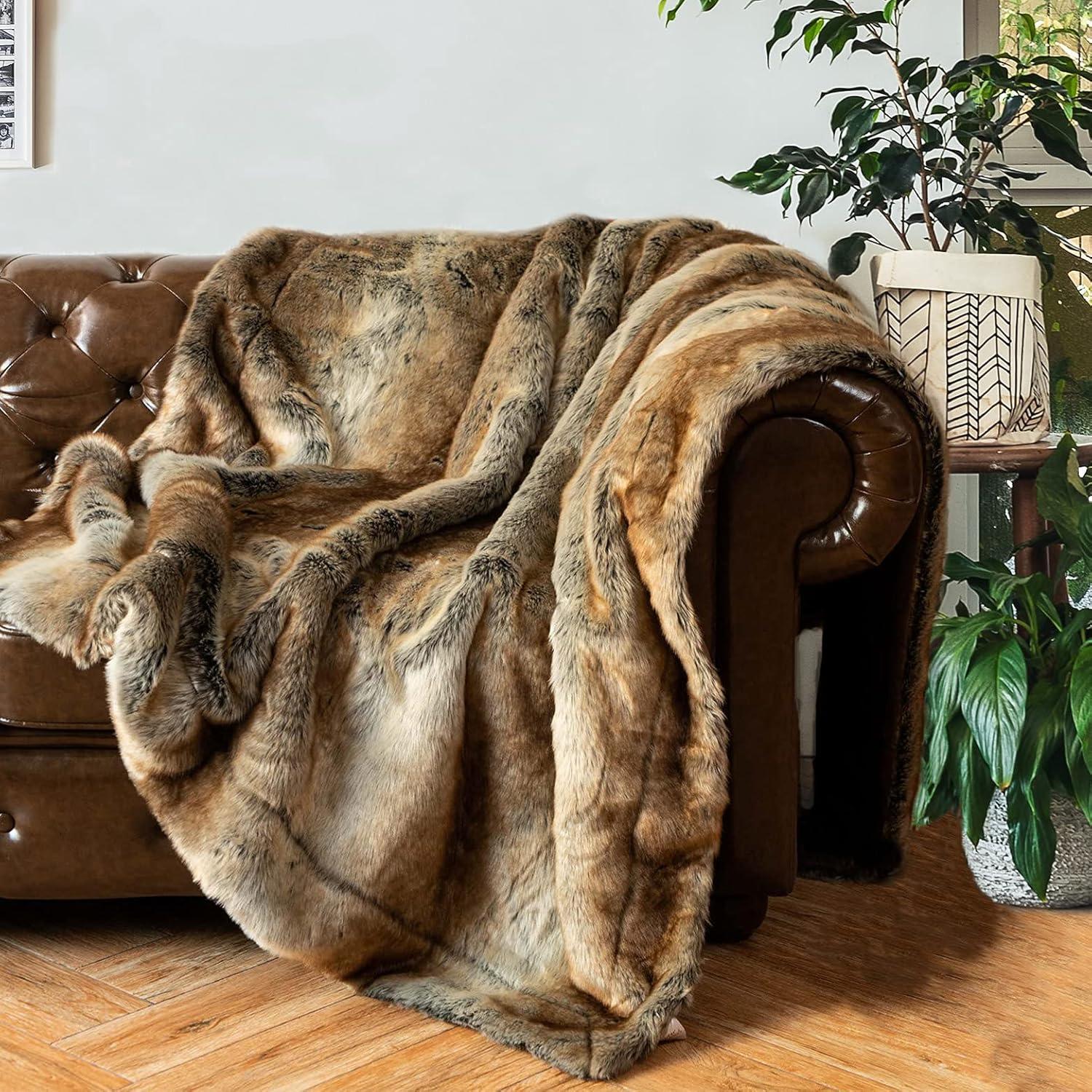 Battilo Brown Faux Fur Blanket, Fuzzy Thick Warm Throw Blankets,Decorative Fur Throws for Bed Sofa Chair ,60"x80"