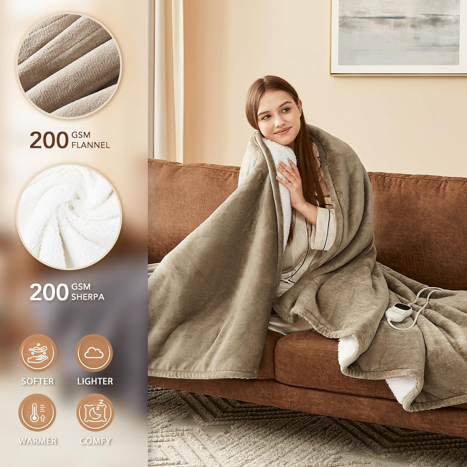 Homemate Electric Heated Blanket Throw - 50"x60" Heating Blanket Throw Size 1/2/4/6/8 Hours Auto-off 10 Heat Level Heat Blanket Over-heat Protection Flannel Sherpa Big Heater Blanket ETL Certification