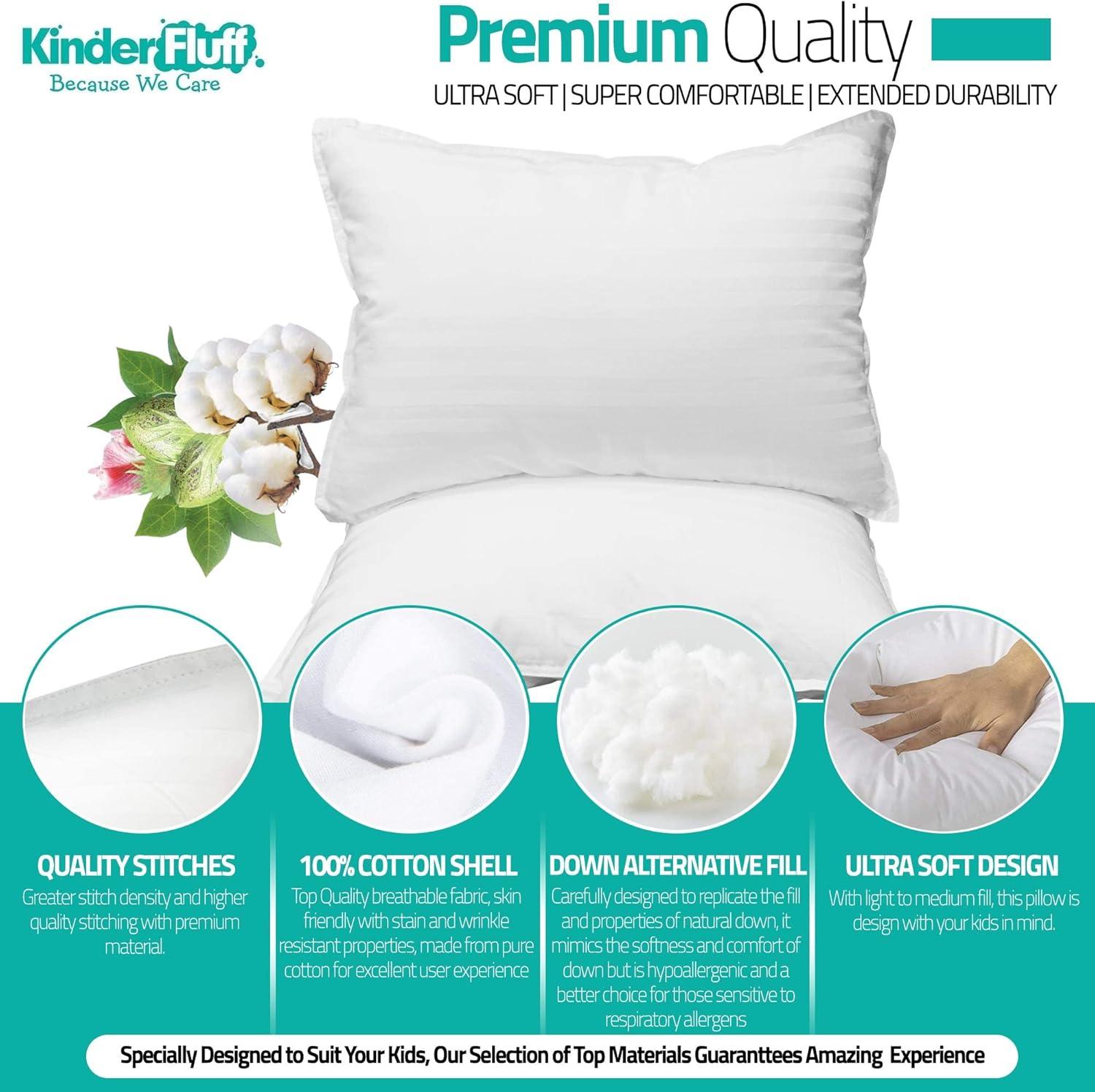 Kinder Fluff Toddler Pillow (2X)- Small Sateen Stripe Pillow 300T Cotton & Down Alternative Fill for Children Above 2