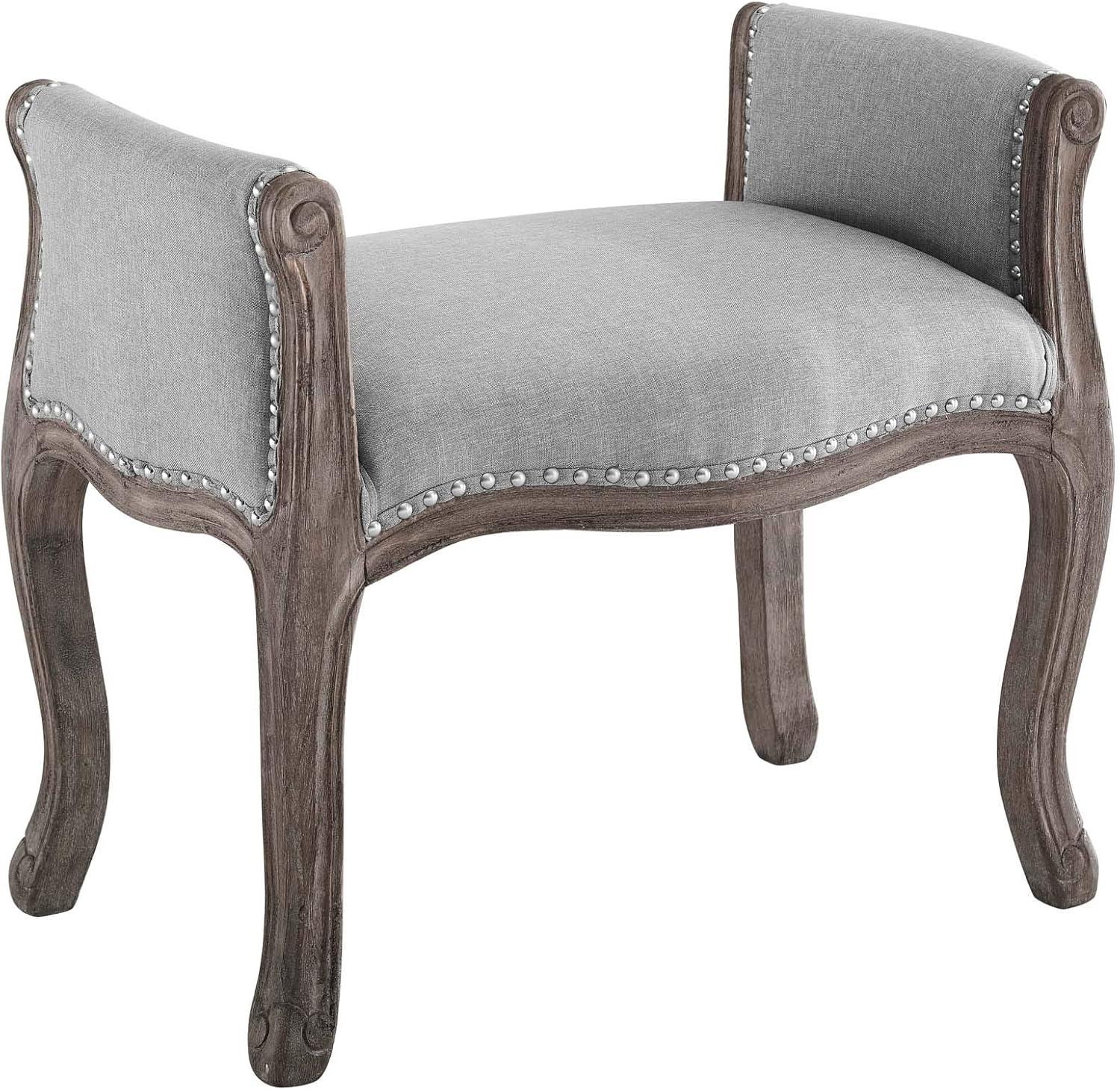 Light Gray French Upholstered Bench with Weathered Wood Legs