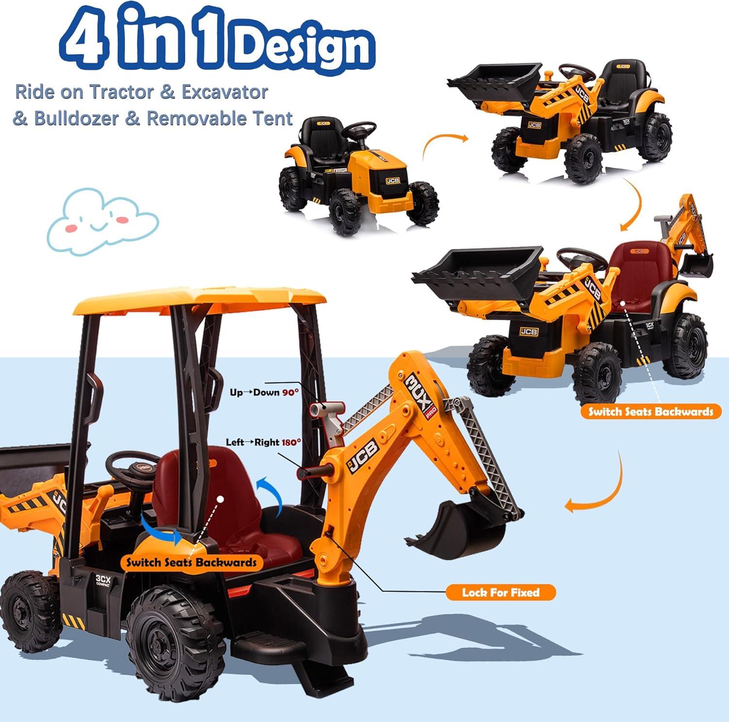 EastVita 12V Ride on Toys Tractor, Kids Ride on Car Toy Excavator Bulldozer, 12V Digger w/Trailer, Shovel Bucket, Digger, Remote Control, EVA Tires, LED Lights, Music, USB