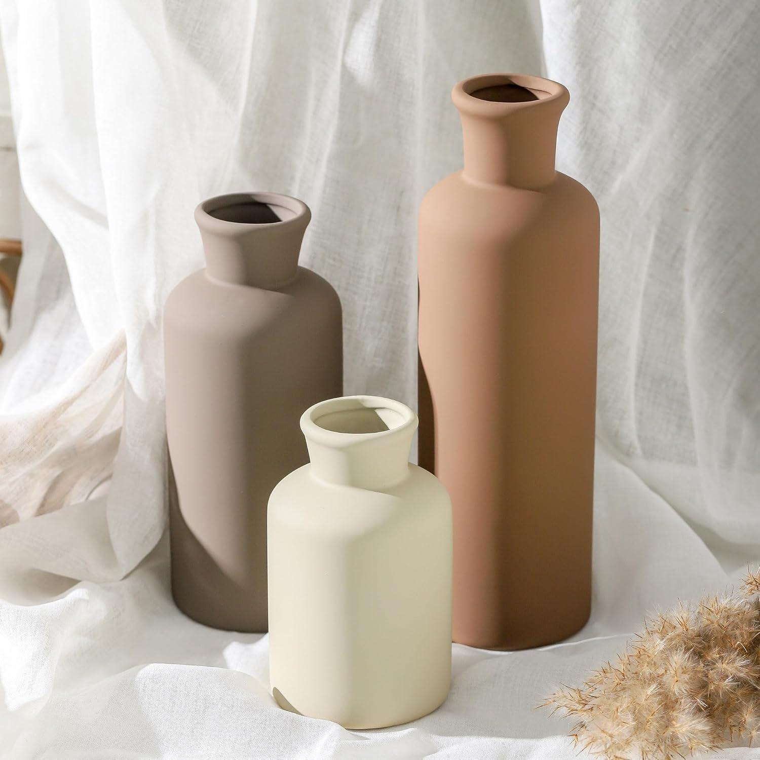 Lark Manor™ Set Of 3 Ceramic Vases, Modern Neutral Home Decor For Farmhouse, Rustic, Or Boho Style - Perfect For Fresh Or Dried Flowers, Table, Mantel, Shelf, Entryway, Living Room, Kitchen, Bathroom - Brown