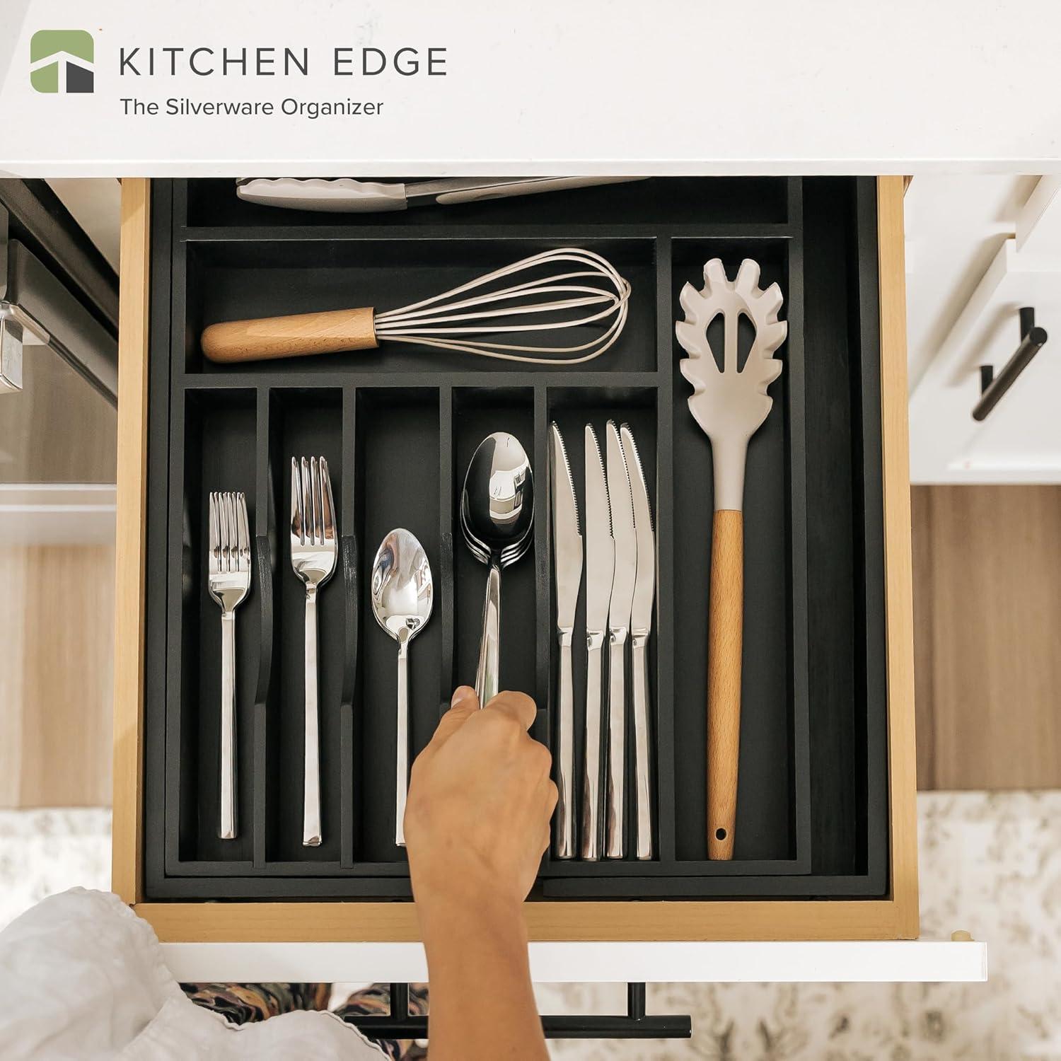 KitchenEdge Premium Silverware, Flatware and Utensil Organizer for Kitchen Drawers, Expandable 15 to 25 Inches Wide, 10 Compartments, Food-Safe Contract Grade Black Finish 100% Sustainable Bamboo Wood