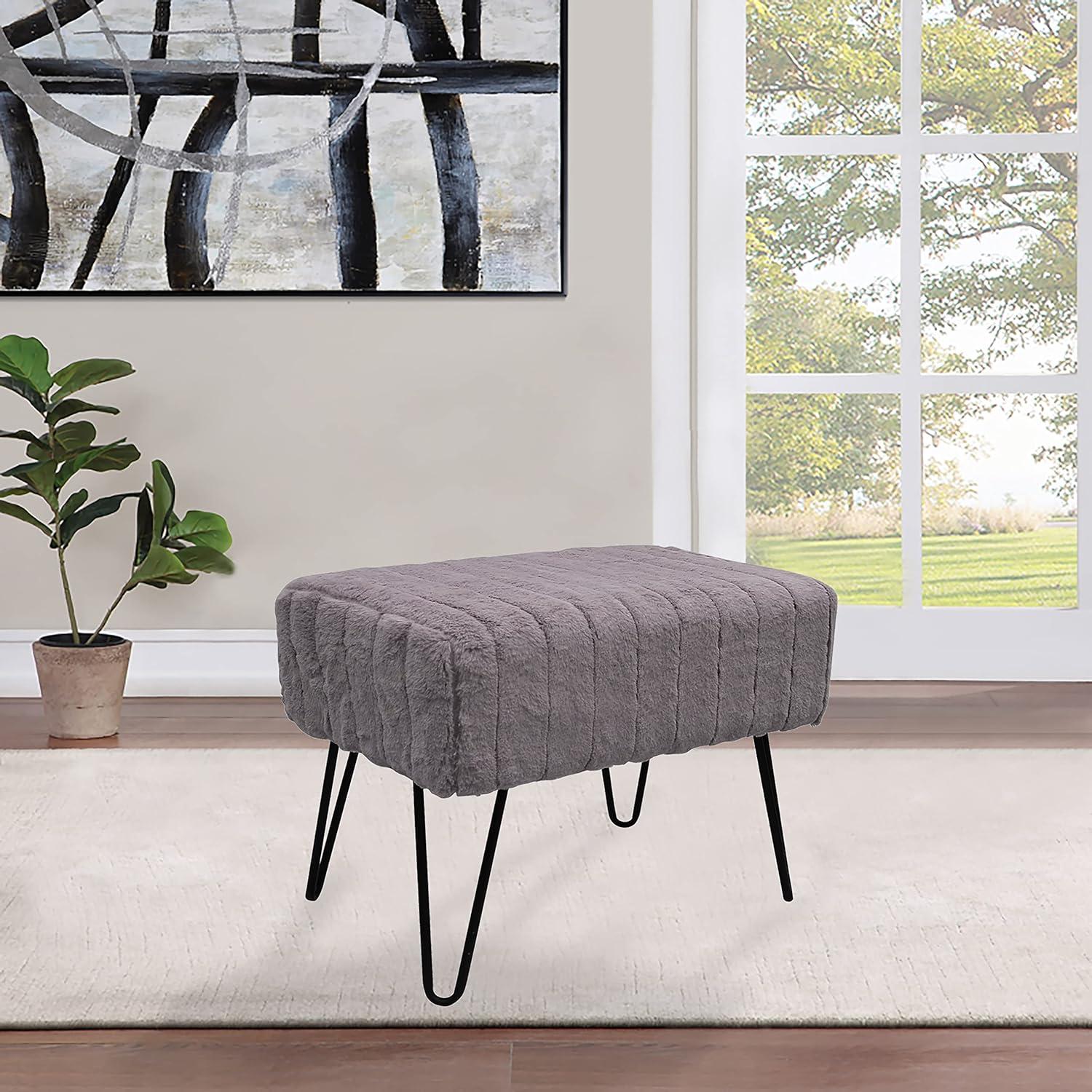 Charcoal Faux Fur Footstool with Metal Legs