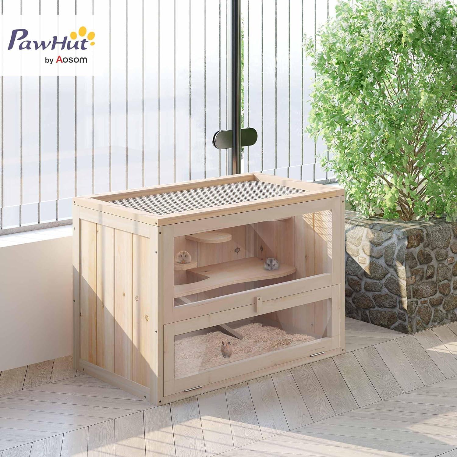 PawHut 2-Level Hamster Cage Mice and Rat House, Small Animal Habitat for Guinea Pigs, Chinchillas with Openable Top, Front Door, Natural