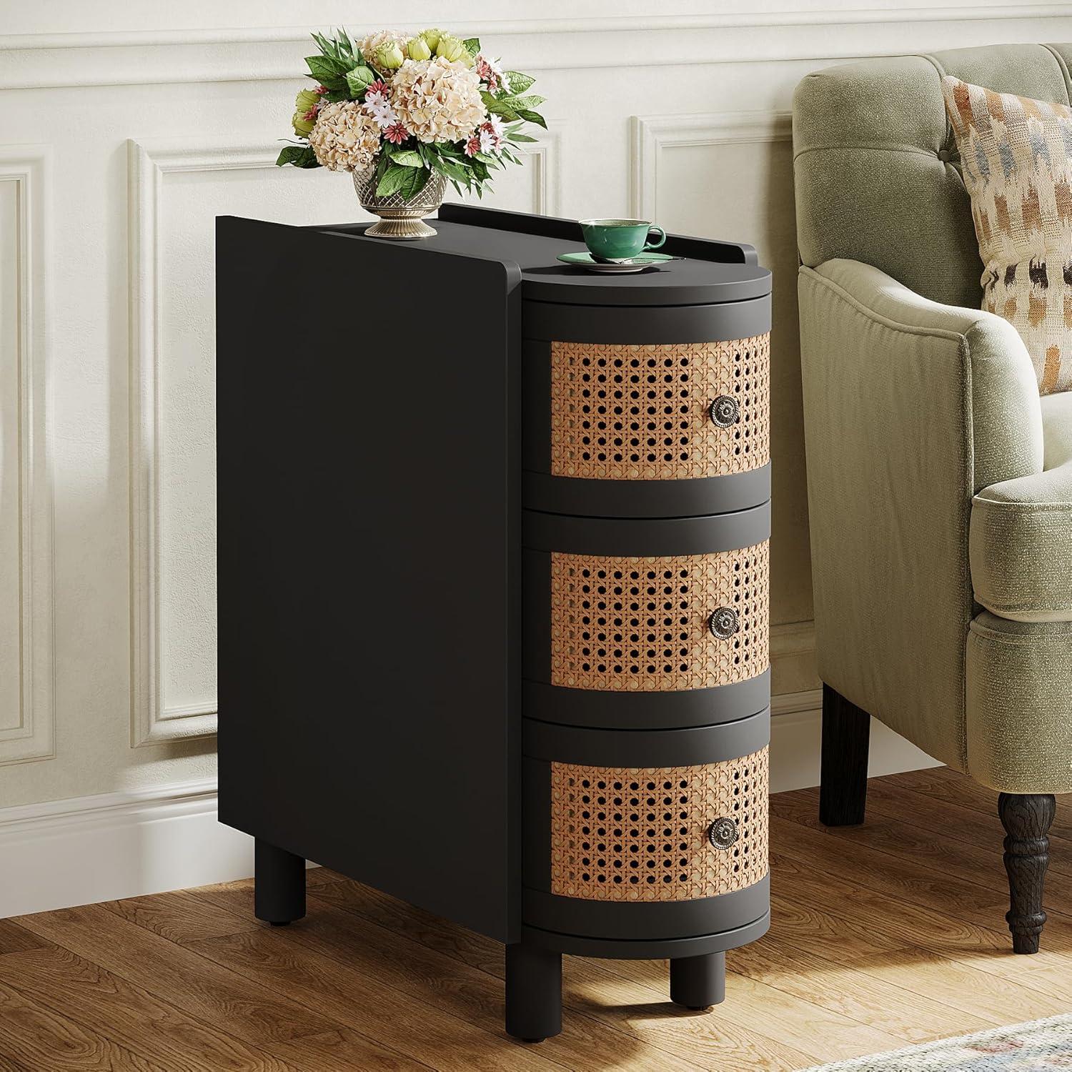 Canddidliike Wood End Table, 3-Drawer Side Table NightStand with 3 Rattan Drawers, End Table for Bedroom, Black