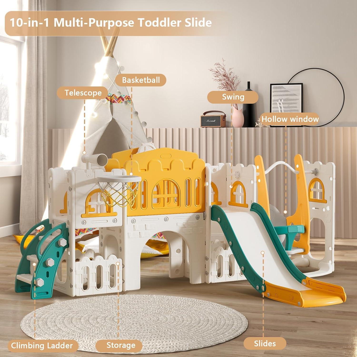 10 in 1 Toddler Slide, Age 1-3 with Swing, Basketball Hoop and Telescope, Kid Slide for Toddlers, Indoor Outdoor Playset Toddler Playground