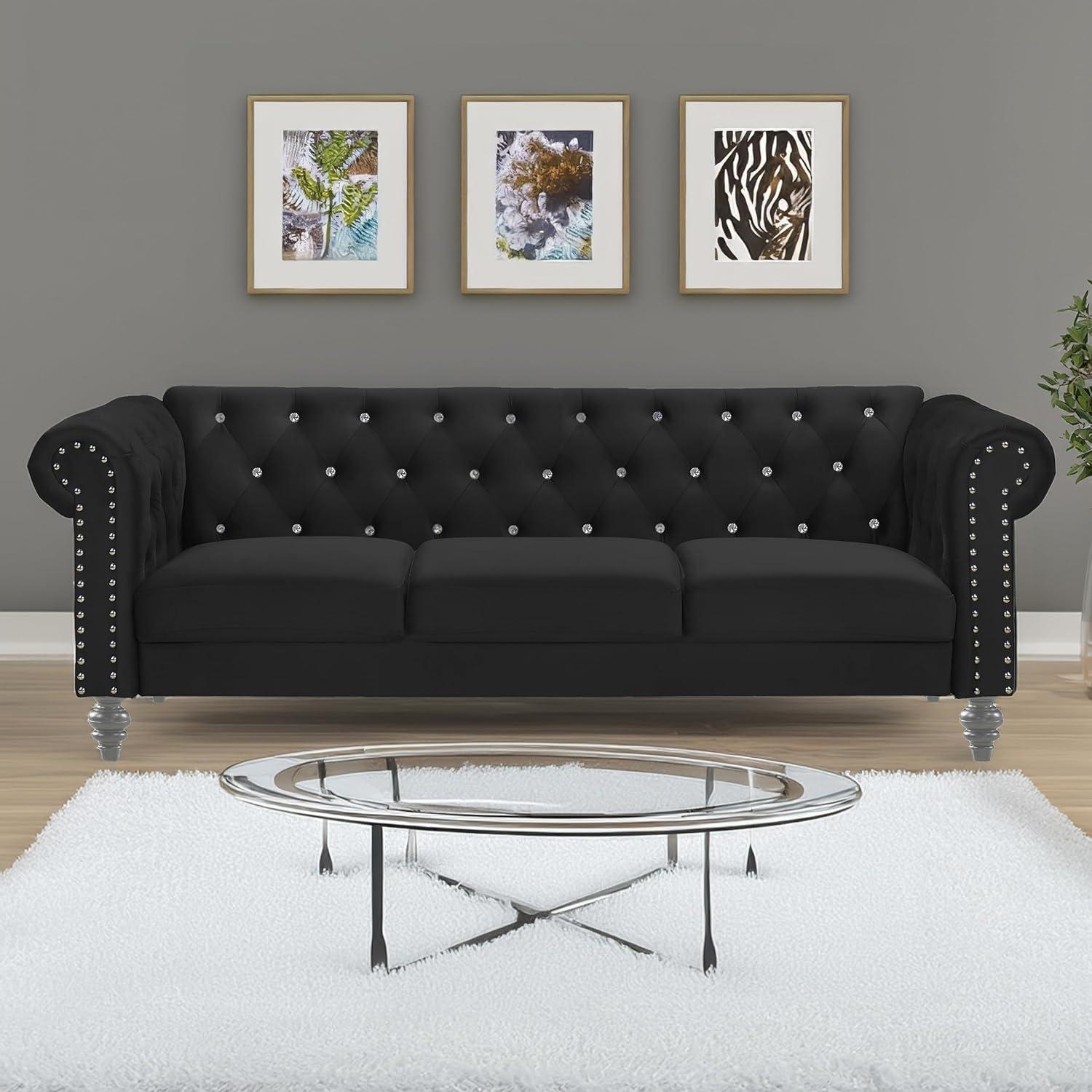 New Classic Furniture Emma Crystal Velvet Fabric Sofa in Black