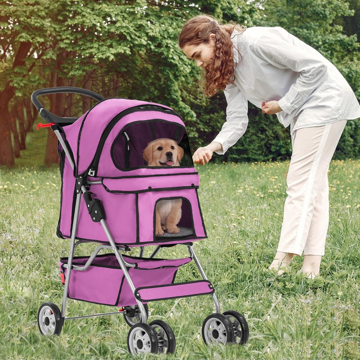 4 Wheels Pet Stroller Cat Dog Cage Stroller Travel Folding Carrier with Cup Holders and Removable Liner for Small-Medium Dog, Cat (Pink)