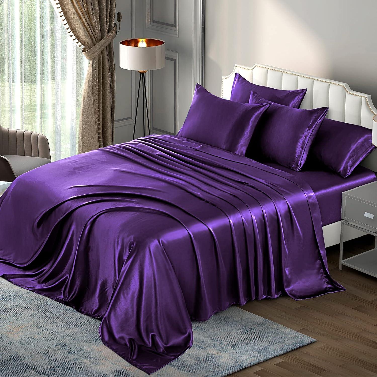 Hight Thread Count Solid Color Soft Silky Charmeuse Satin Luxury and Super Soft Bed Sheet Set (Purple, Queen)