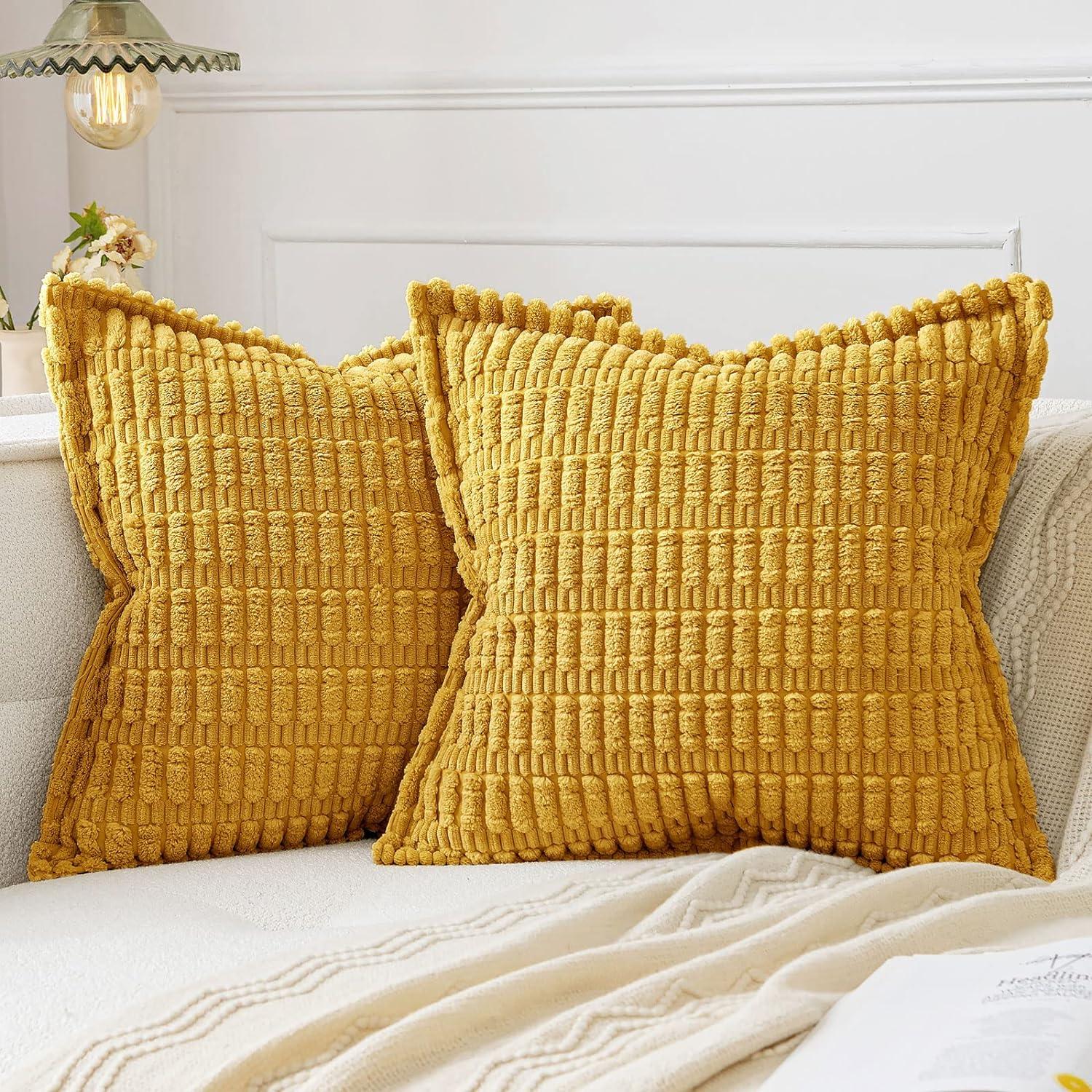 Mustard Yellow Corduroy Decorative Throw Pillow Covers 18x18 Inch