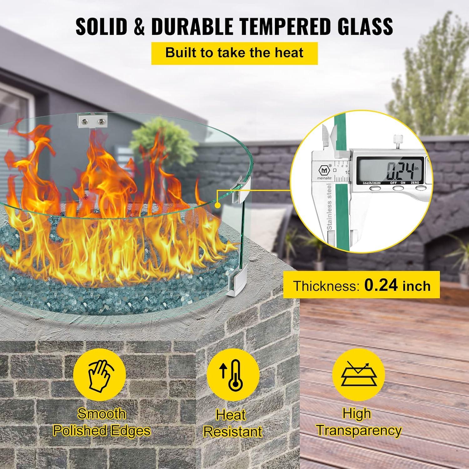 VEVOR Fire Pit Wind Guard, 17 x 17 x 6 inch Glass Flame Guard, Round Glass Shield, 1/4-Inch Thick Fire Table, Clear Tempered Glass Flame Guard, Steady Feet Tree Pit Guard for Propane, Gas, Outdoor