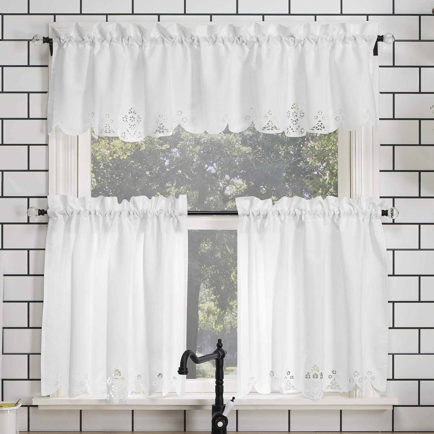 58"x14" Mariela Floral Trim Window Valance White - No. 918: Lace Rod Pocket Curtain, Botanical Pattern