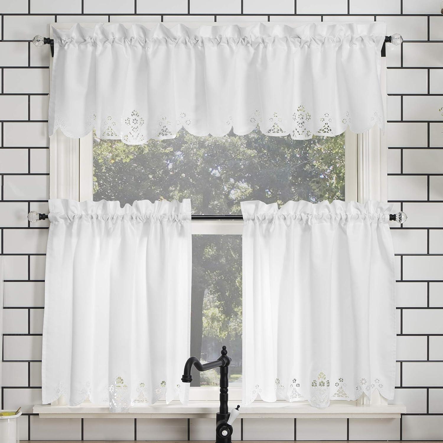 14"x58" Mariela Floral Trim Semi-Sheer Rod Pocket Kitchen Window Valance and Tiers Set White - No. 918: Light Filtering Kitchen Curtains Set