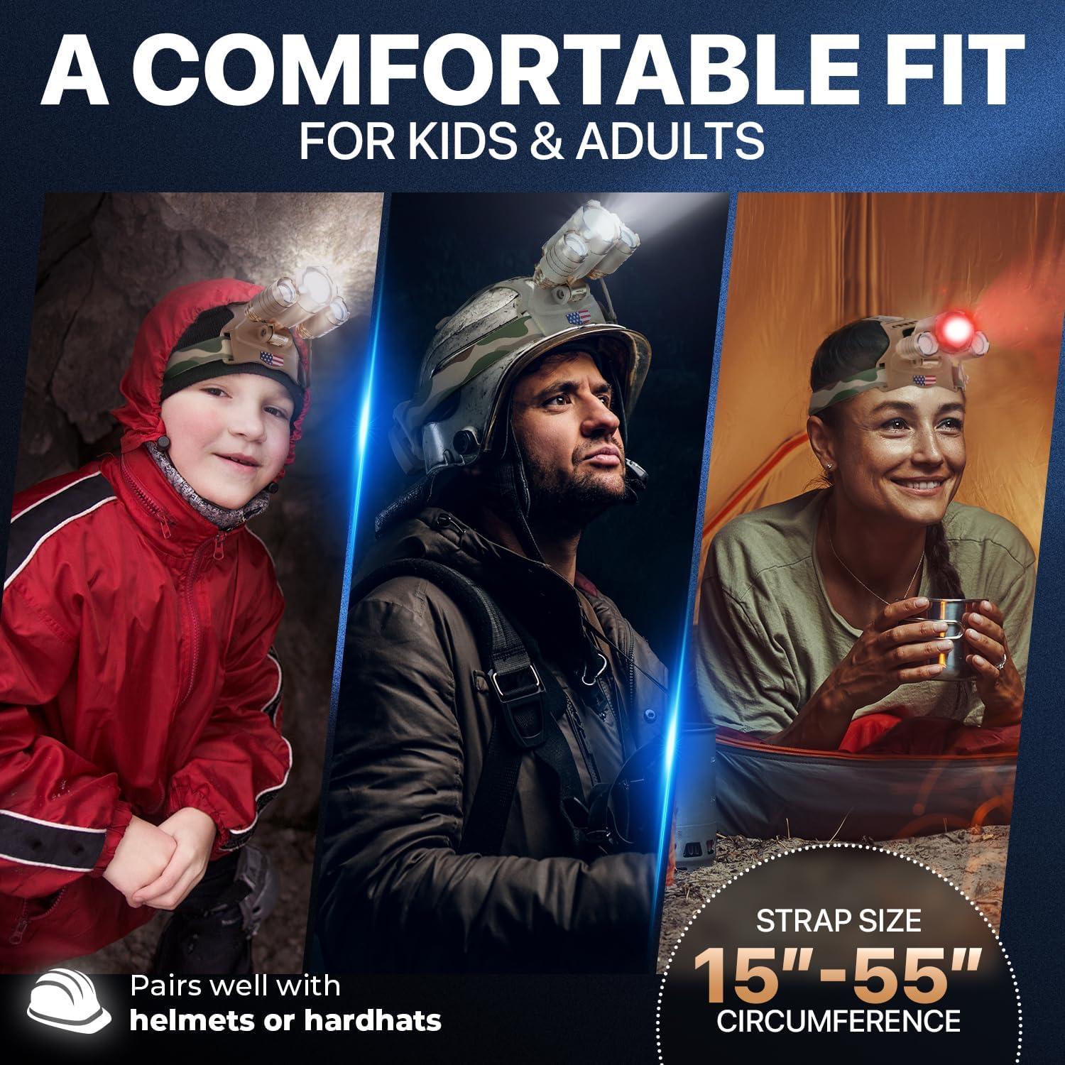 DanForce Camouflaged Headlamp Ultra Bright USB Rechargeable Head lamp. Tactical Head Flashlight Designed Especially for Hunting & Fishing. LED Headlamps CREE 1080 Lumens Headlight with Red Light