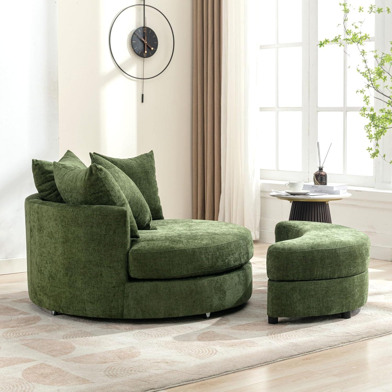 DEINPPA Swivel Round Barrel Chair with Storage Ottoman and 4 Movable Pillow Backrest, 360° Round Rotating Sofa Chair for Living Room, Hotel, Bedroom, Office, Lounge (Green + Chenille+ Foam)