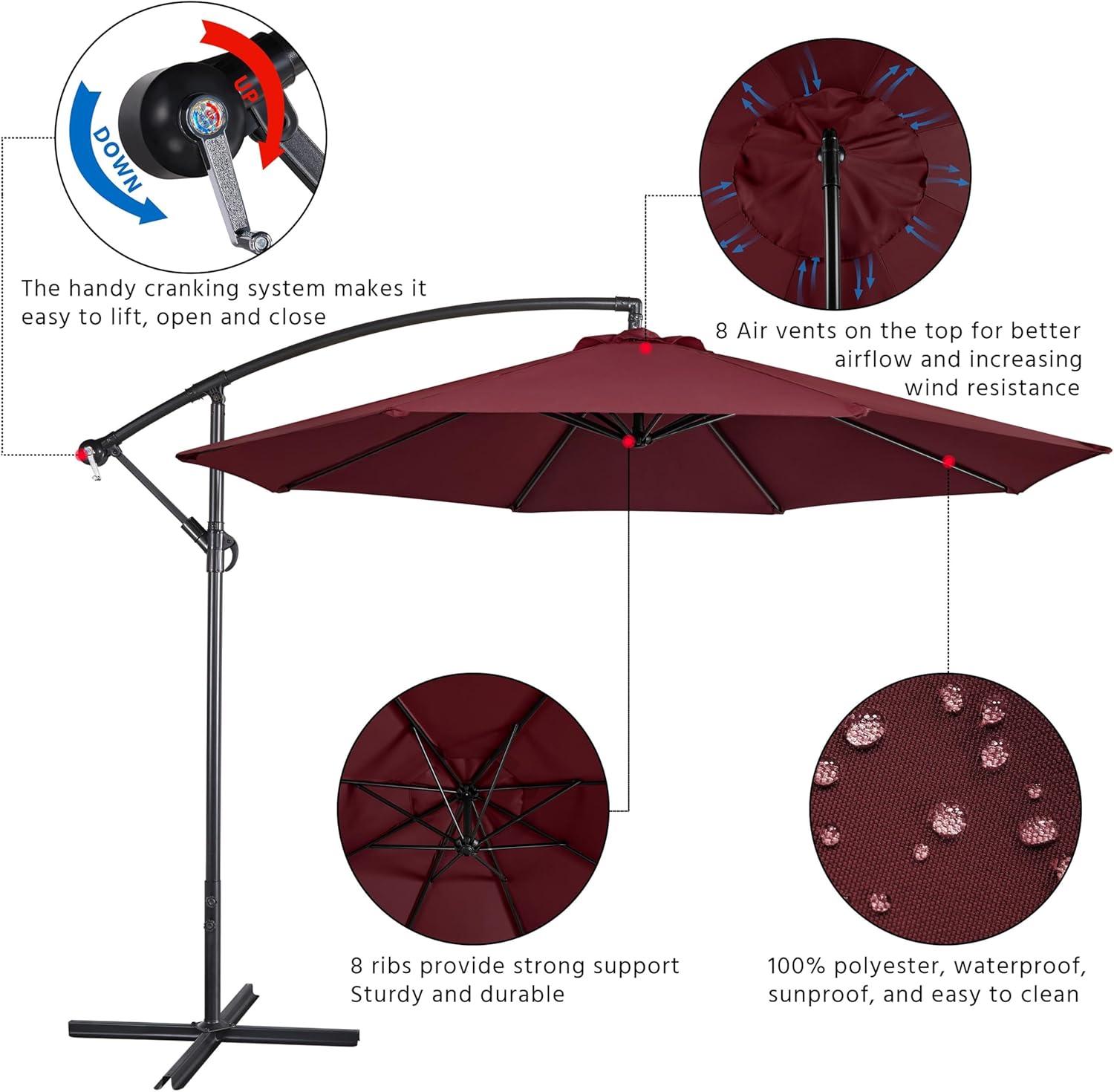 Yaheetech 10FT Patio Offset Umbrella - Cantilever Hanging Outdoor Umbrellas w/UV Protection & 8 Ribs & Handy Crank & Cross Base for Market/Garden/Lawn/Deck/Backyard/Pool - Burgundy