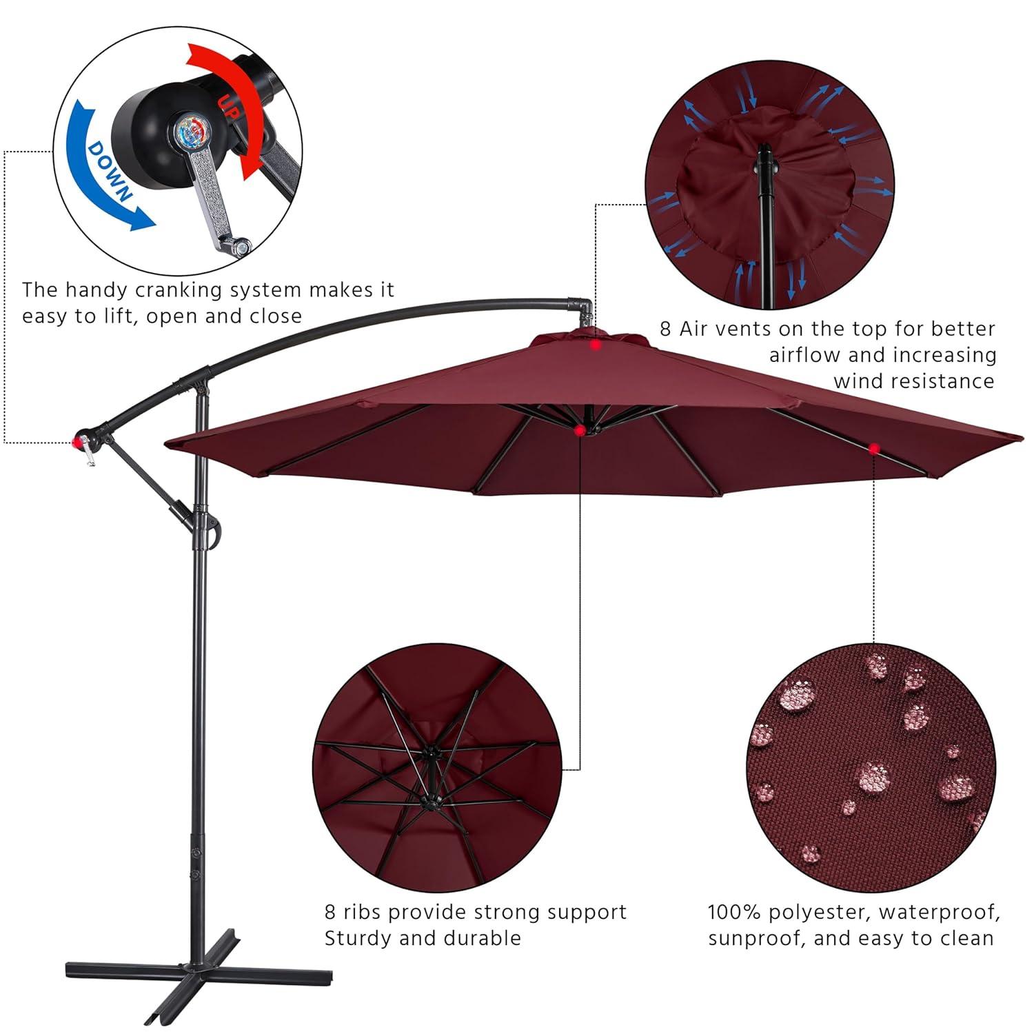 Yaheetech 10FT Patio Offset Umbrella - Cantilever Hanging Outdoor Umbrellas w/UV Protection & 8 Ribs & Handy Crank & Cross Base for Market/Garden/Lawn/Deck/Backyard/Pool - Burgundy
