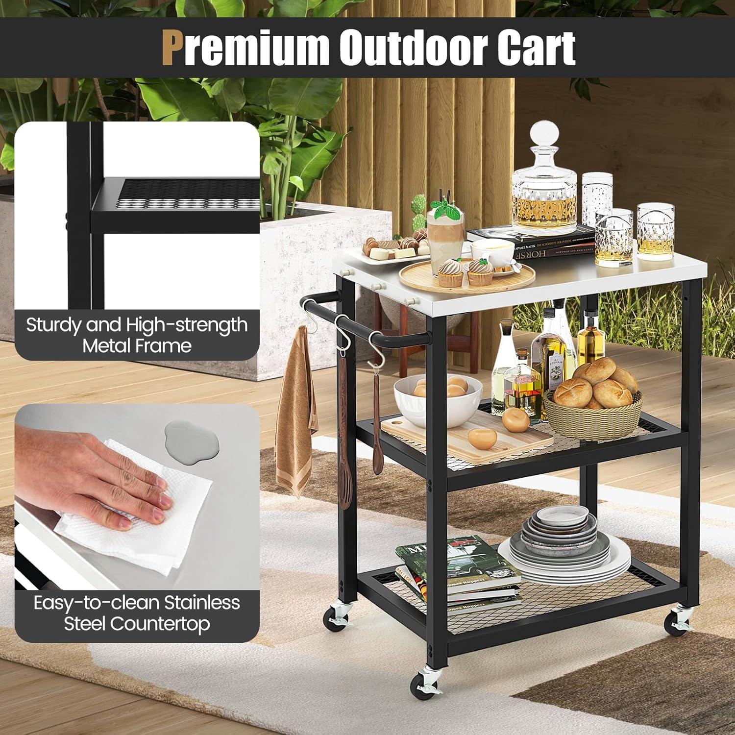 Werqueid Outdoor Grill Cart Table Pizza Oven Stand, Three-Shelf Stainless Steel Food Prep Table Patio BBQ Grill Table Bar Cart Kitchen Island with Wheels