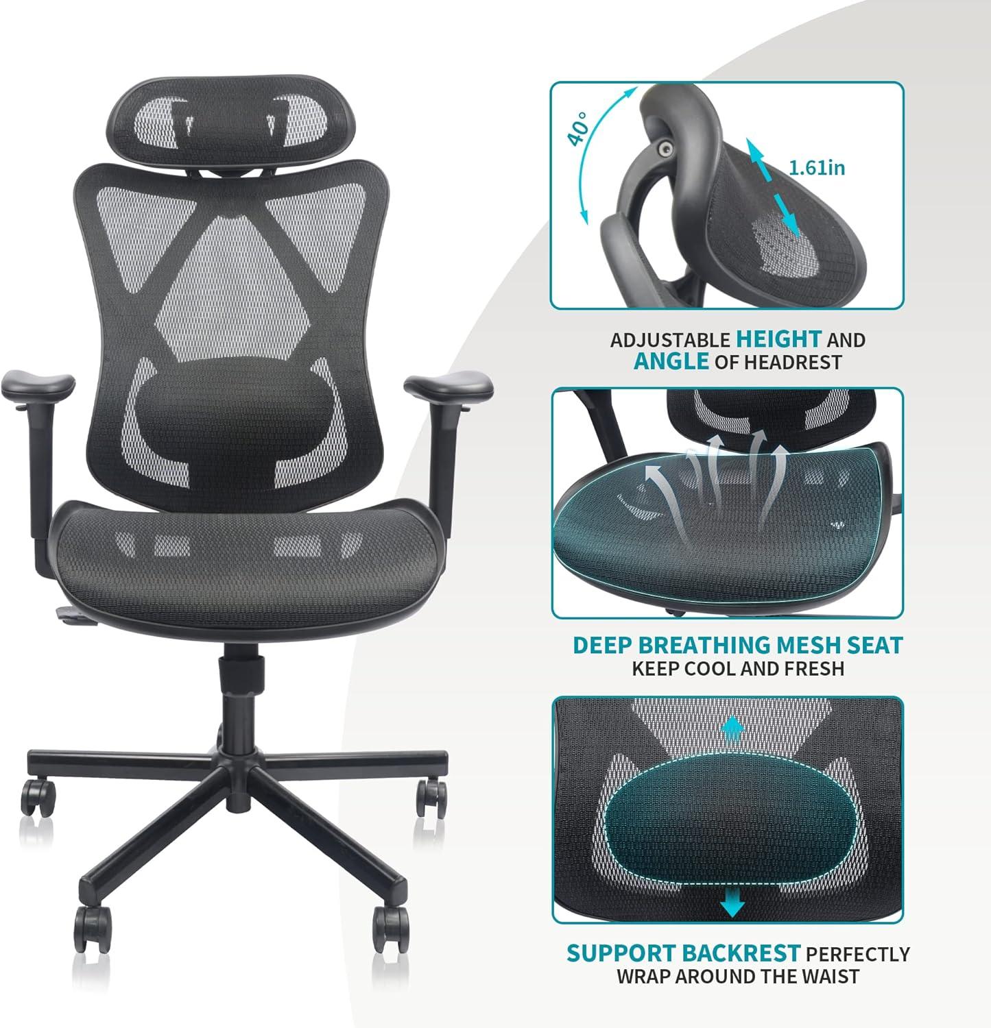 Mesh Office Chair,Ergonomic Office Chairs with Wheels,Adjustable Lumbar Support,Armrest,Headrest-Tilt High Back Desk Chair with Mute Wheel for Office, Home, Gaming