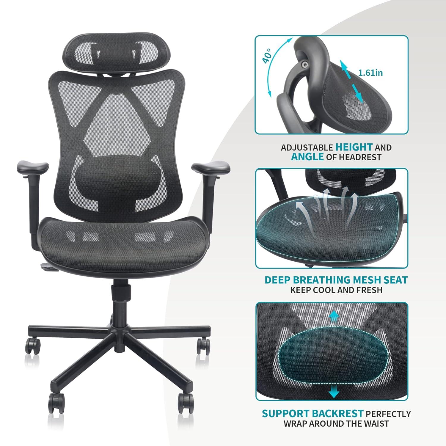 Mesh Office Chair,Ergonomic Office Chairs with Wheels,Adjustable Lumbar Support,Armrest,Headrest-Tilt High Back Desk Chair with Mute Wheel for Office, Home, Gaming