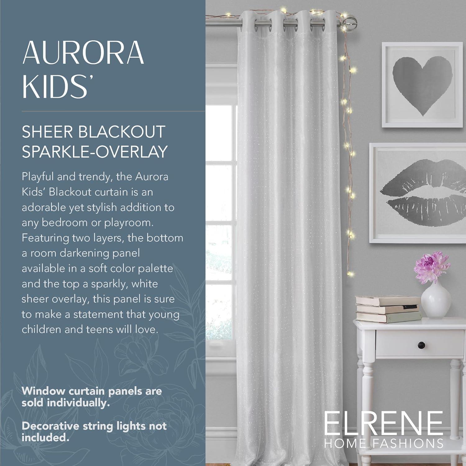 Aurora Kids Room Darkening Sheer Sparkle Overlay Single Curtain Panel - 52" x 63" - Pearl Gray - Elrene Home Fashions