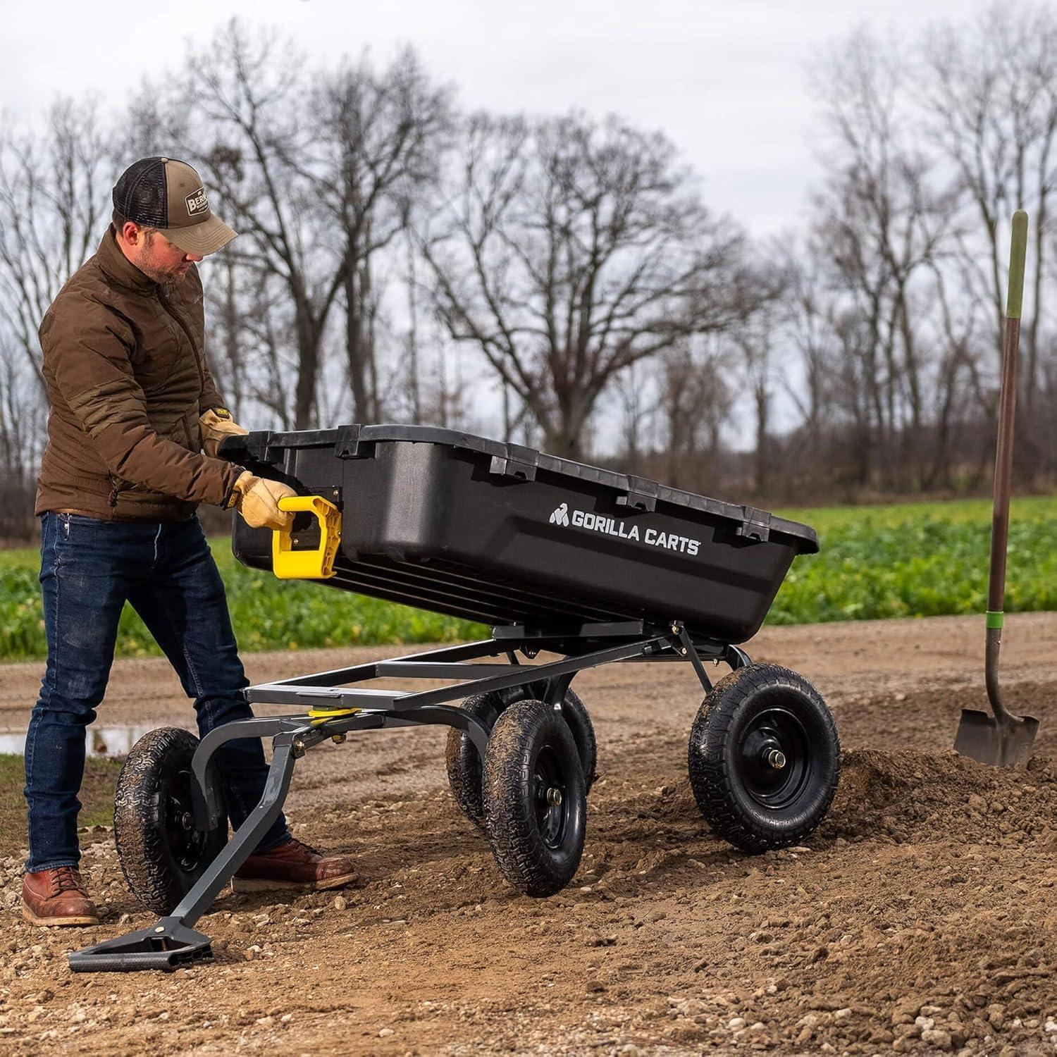 Gorilla Carts Heavy Duty 12 Cubic Foot Poly Yard Dump Cart, Garden Wheelbarrow Wagon with Pneumatic Flat Free Tires for Outdoor Lawn Utility, Black