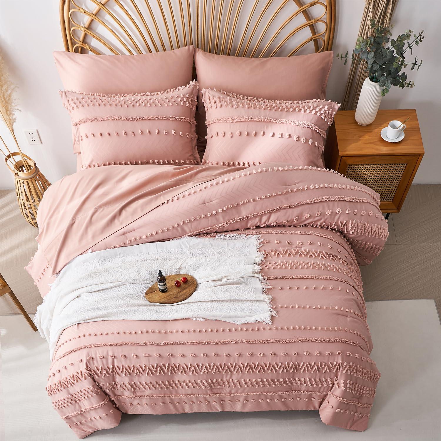 akkialla King Size Comforter Set 7 Pieces,Pink Boho Tufted Bedding Comforter Sets in King Size for All Seasons,Bed in a Bag with Comforter,Flat Sheet,Fitted Sheet,Pillowcases and Shams(Pink,King)