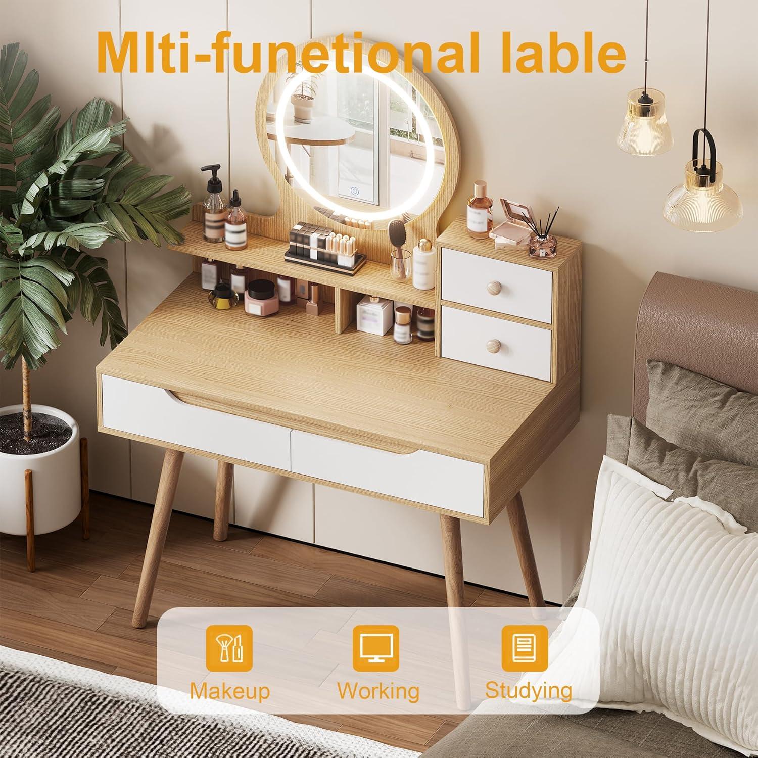 Vanity Desk with Mirror and Lights, White Makeup Vanity Chair Set with Fold-up Panel, Dressing Table with 5 Drawers and Shelves, 3 Lighting Modes, Brightness Adjustable