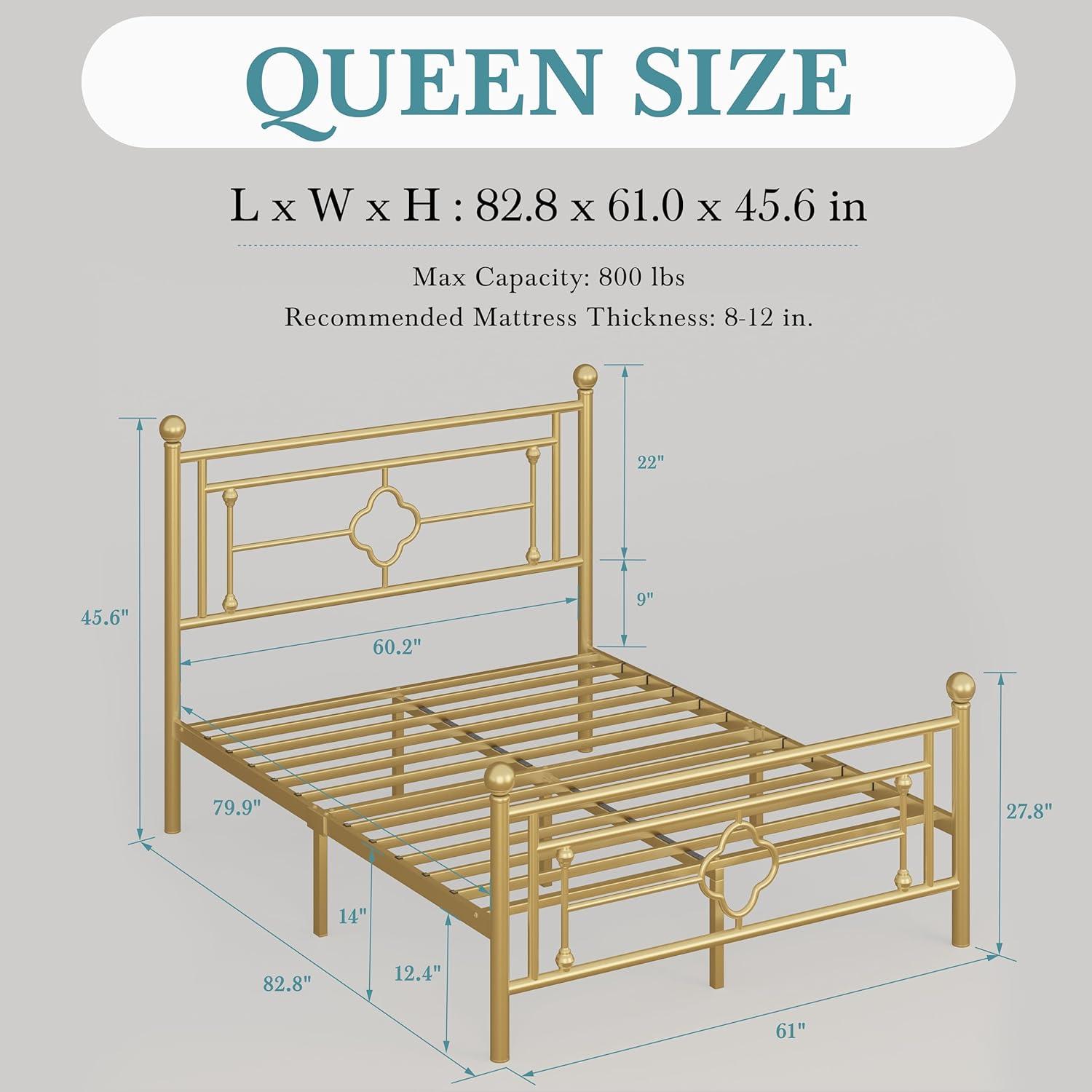 U-SHARE14 Inch Queen Size Metal Platform Bed Frame with Vintage Victorian Style, Wrought Iron Headboard/Mattress Foundation for Storage/No Box Spring Required/Easy Assembly/Gold