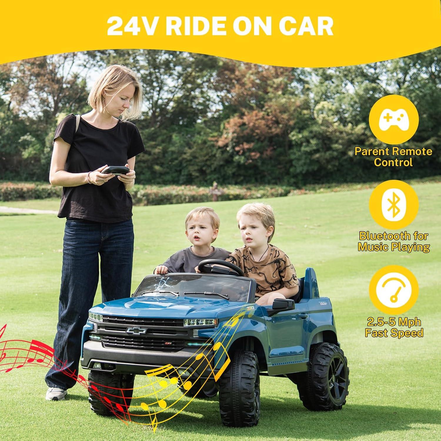 Chevrolet Silverado Autos Ride on con Motor de 24 V para Niños, Juguetes Ride on Extra Grandes de 2 Asientos con Control Remoto, Luz LED, Reproductor de MP3, Vehículos Eléctricos Camión Ride on para Niños y Niñas, Regalos, Azul