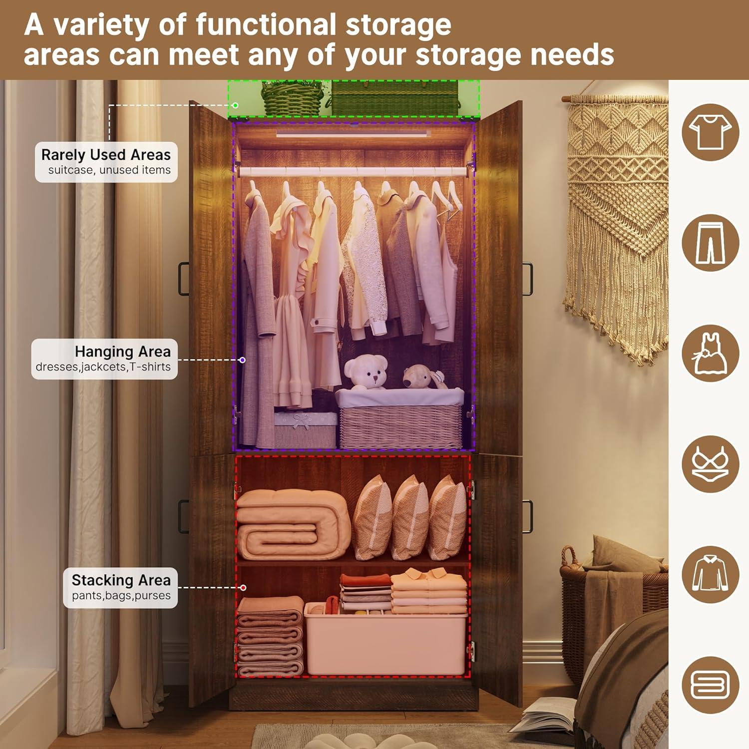 Ivy Bronx 75" Tall Farmhouse 2 Doors Armoire Wardrobe Closet with 3 Drawers and LED,Freestanding Closet