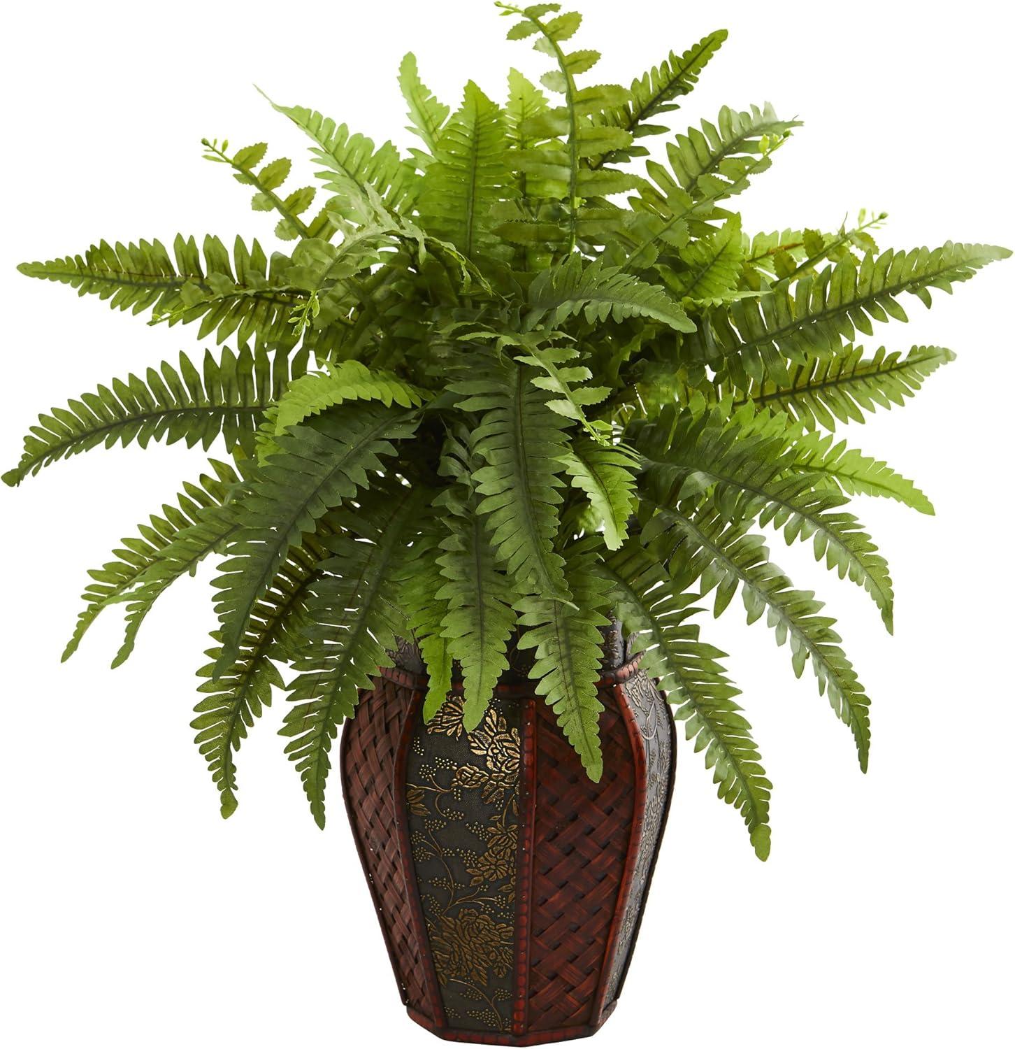 20" x 14" Artificial Boston Fern Plant in Decorative Planter Brown - Nearly Natural