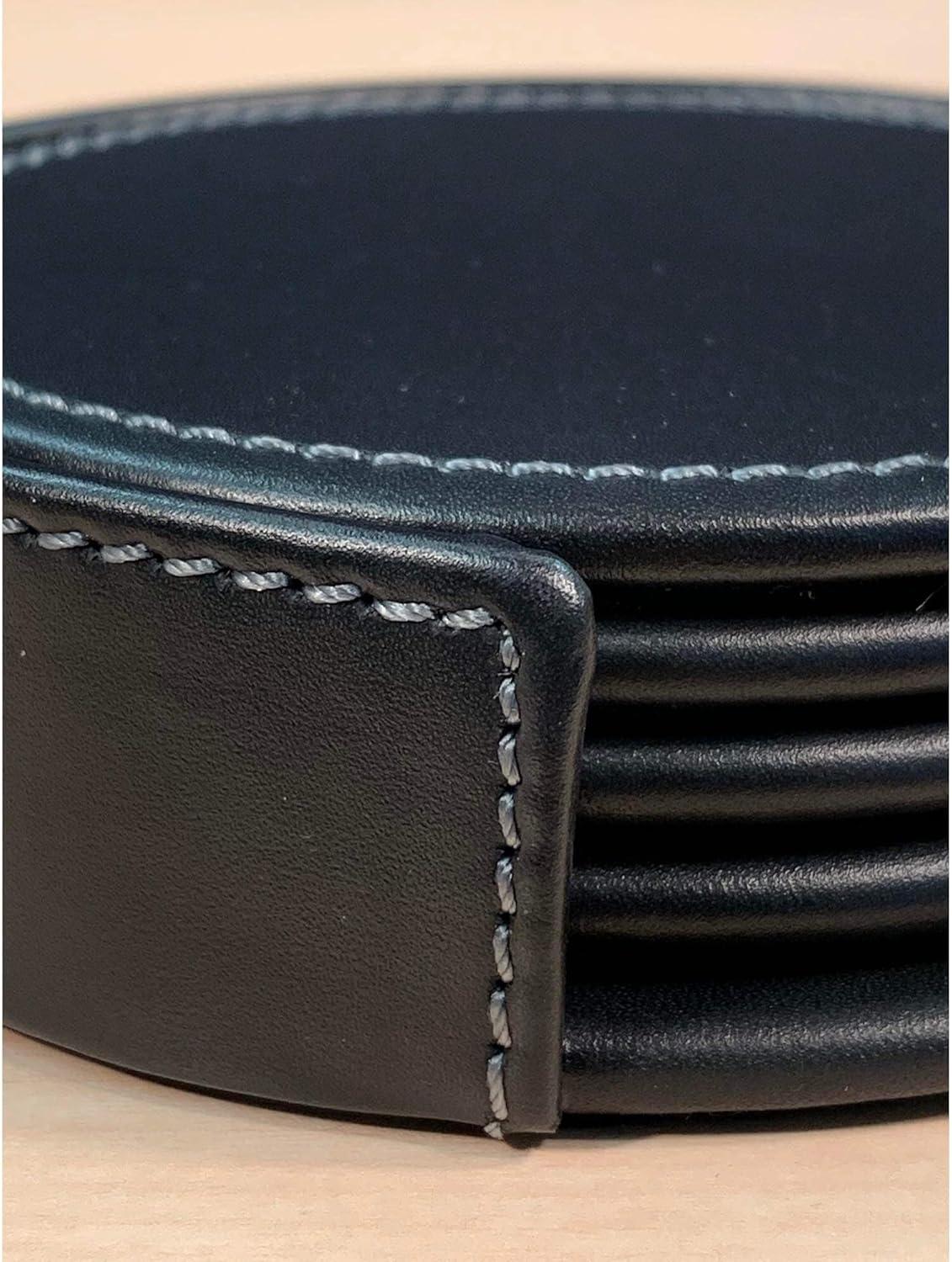 Rustic Black Leather 4-Round Coaster Set