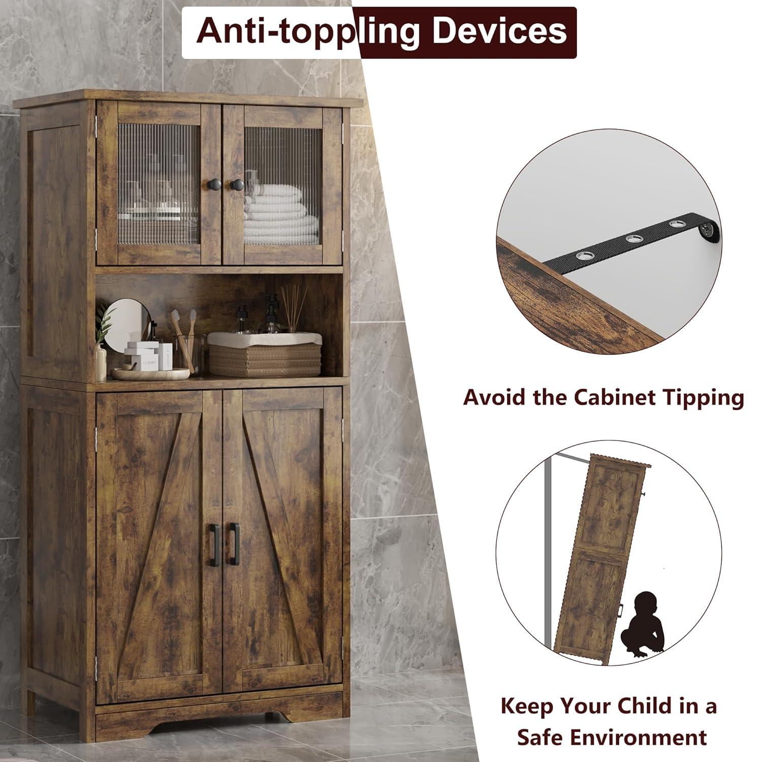 Freestanding Floor Linen Storage Cabinet with Glass Doors & Adjustable Shelves, Standing Cupboard for Bathroom, Kitchen, Living Room, Vintage