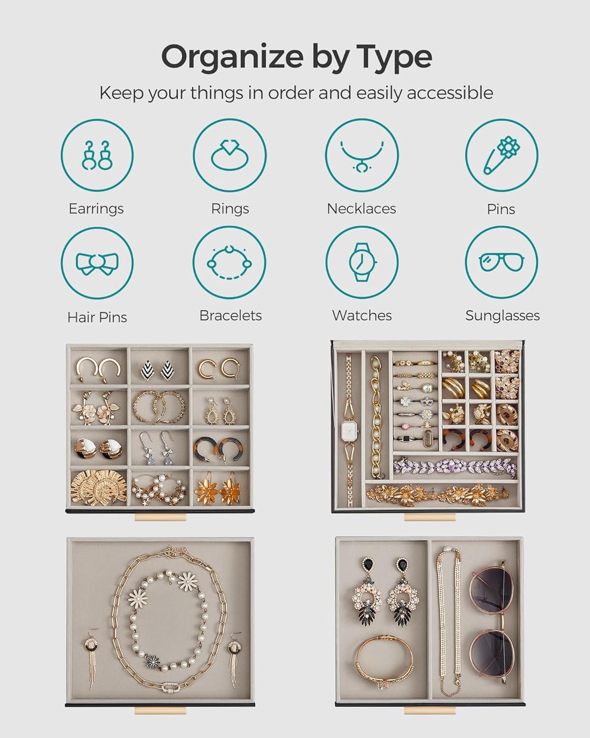 SONGMICS Jewelry Box Organizer with Glass Lid, 4-Layer Jewelry Storage, with 3 Drawers, Modern Style, 8 x 9.1 x 6.5 Inches, Graphite Black and Gold Color UJBC173B01