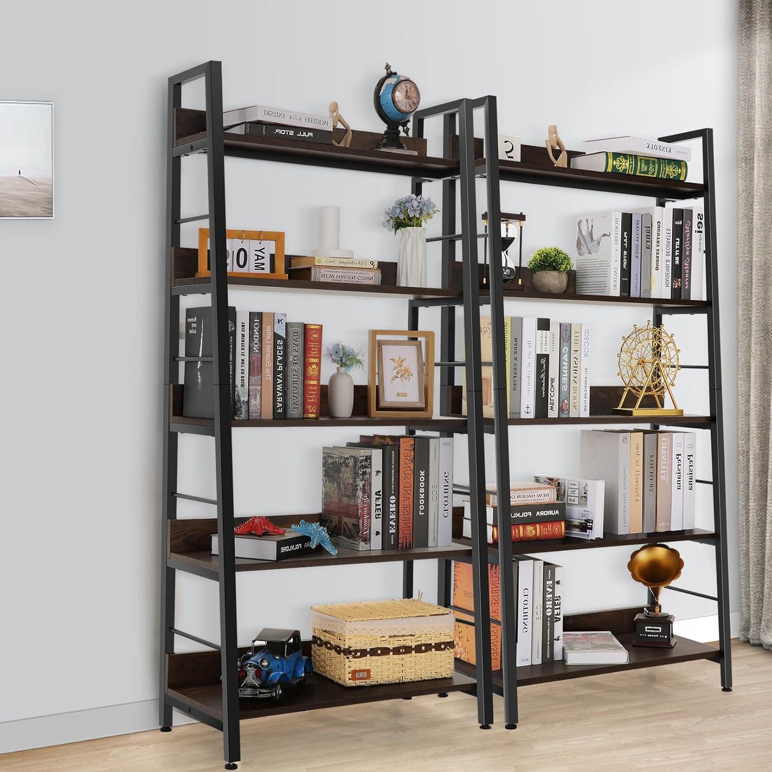 BATHWA 5 Tier Book Shelf, Industrial Bookcase and Storage Rack Accent Ladder Bookshelf, Black Wooden 28'' Wide 59''Tall Shelves Ladder Shelf for Living Room, Bedroom, Home Office