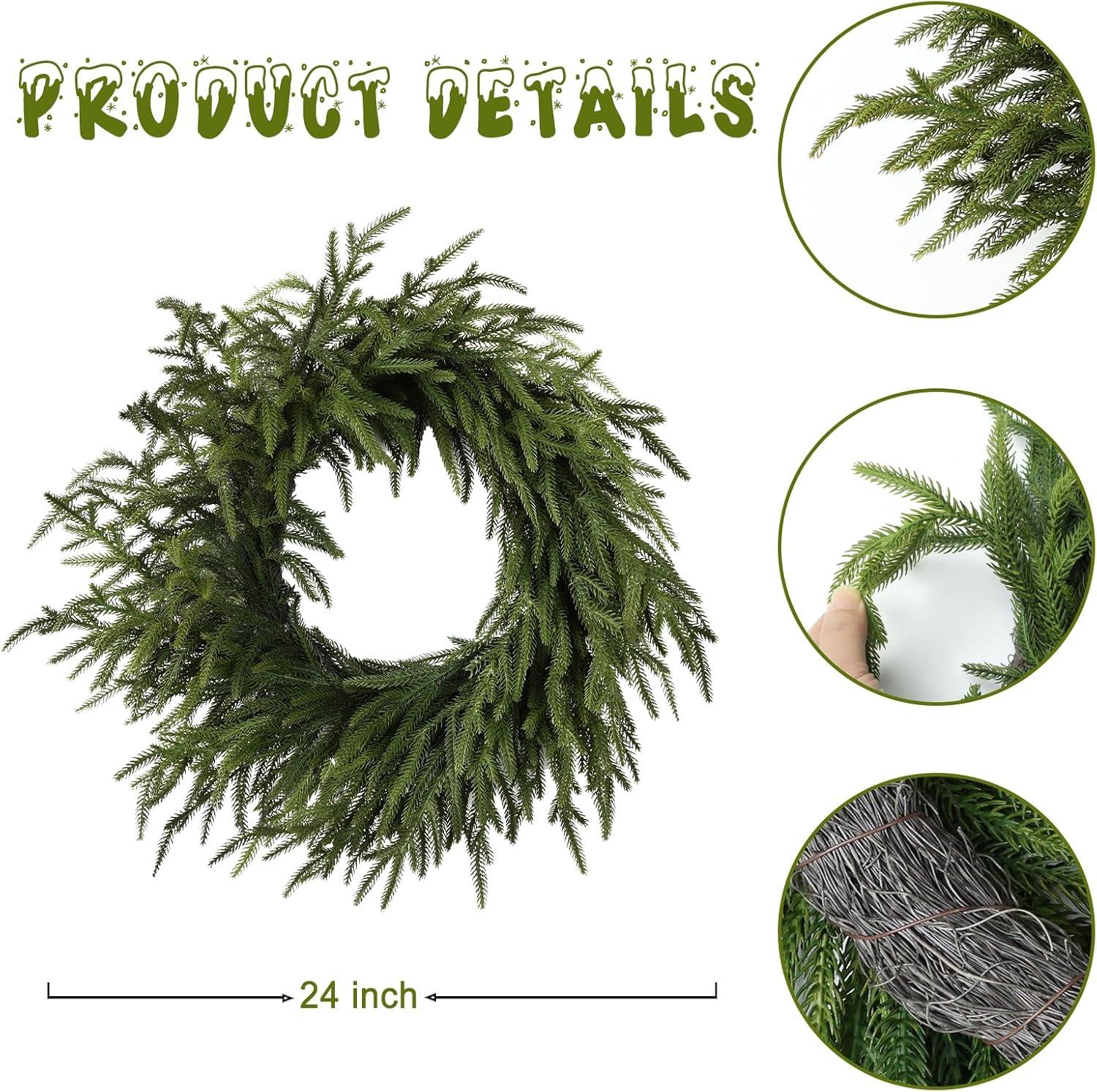 MUYIER 24" Real Touch Norfolk Pine Wreath for Front Door Artificial Christmas Wreath Green Faux Pine Wreath