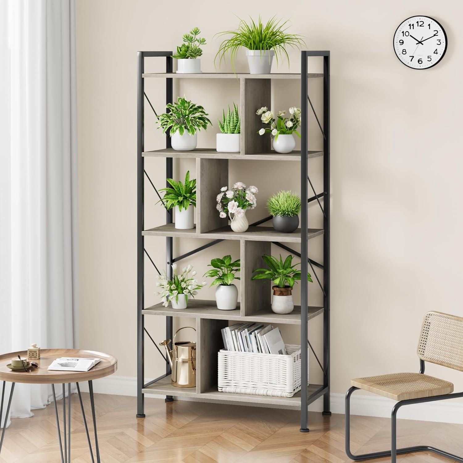 Gray Adjustable 5-Tier Industrial Bookshelf with Metal Frame