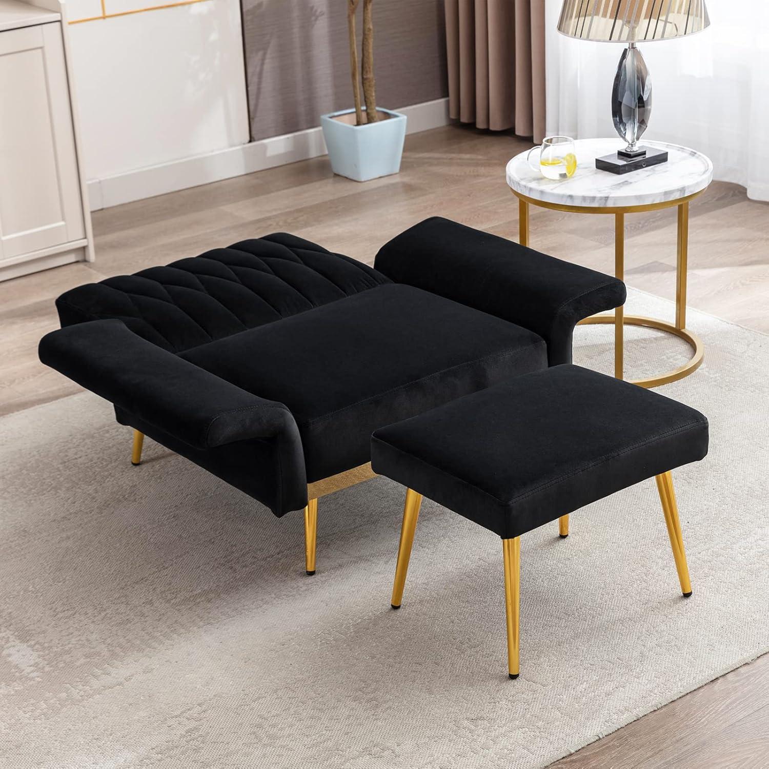 Black Velvet Accent Chair with Ottoman and Gold Metal Legs