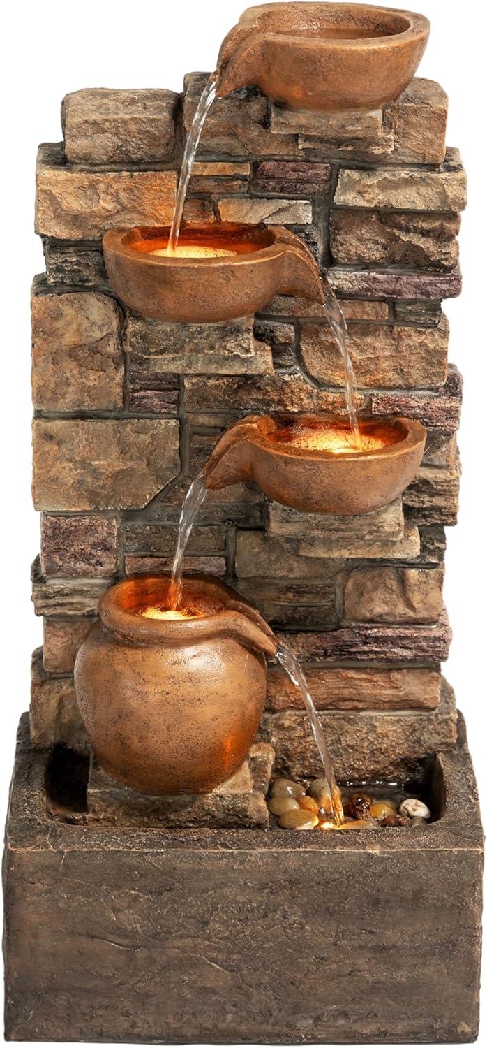Teamson Home 33.27" Polyresin Cascading Bowls & Stacked Stones LED Fountain: Rust-Resistant, Electric Pump, Ground Freestanding