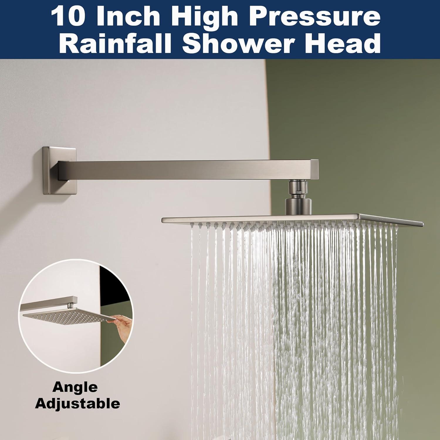 AWZTOO Wall Mounted Shower Faucet With Hand Shower Modern Shower System Set 10 Inch Rainfall Shower Head With Pressure Balance Valve Brushed Nickel