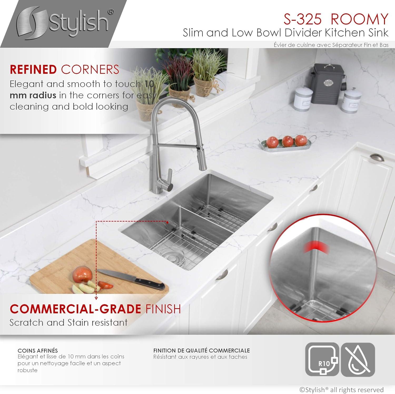 STYLISH 32 inch Low Divider 60/40 Double Bowl Undermount Kitchen Sink