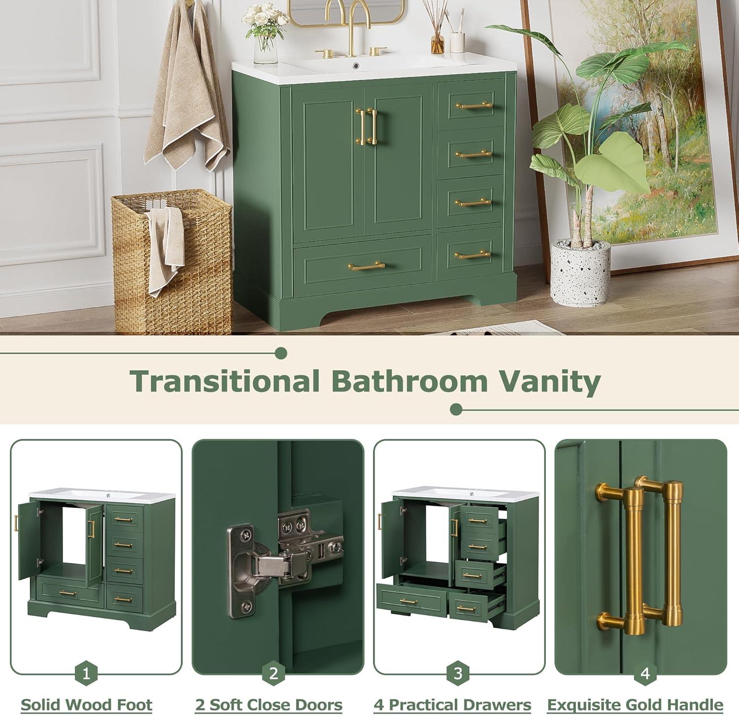 36-Inch Green Freestanding Bathroom Vanity with Resin Sink and Gold Handles